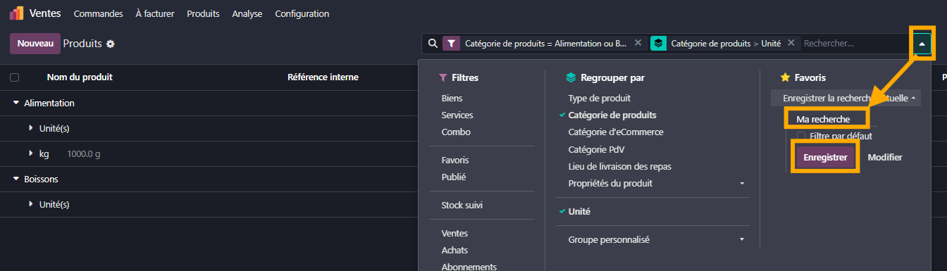 enregistrer une recherche favorite dans Odoo