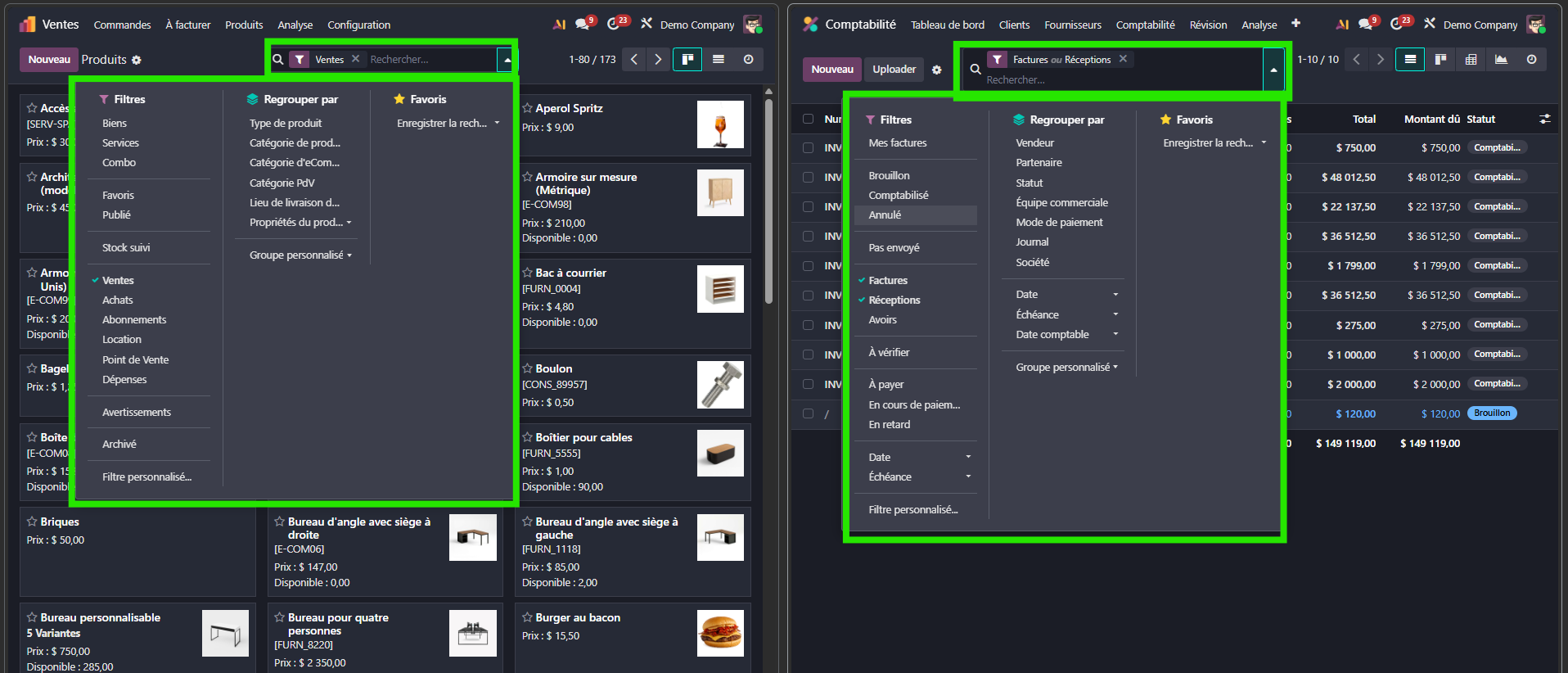 : barre de recherche présente sur toutes les vues Odoo