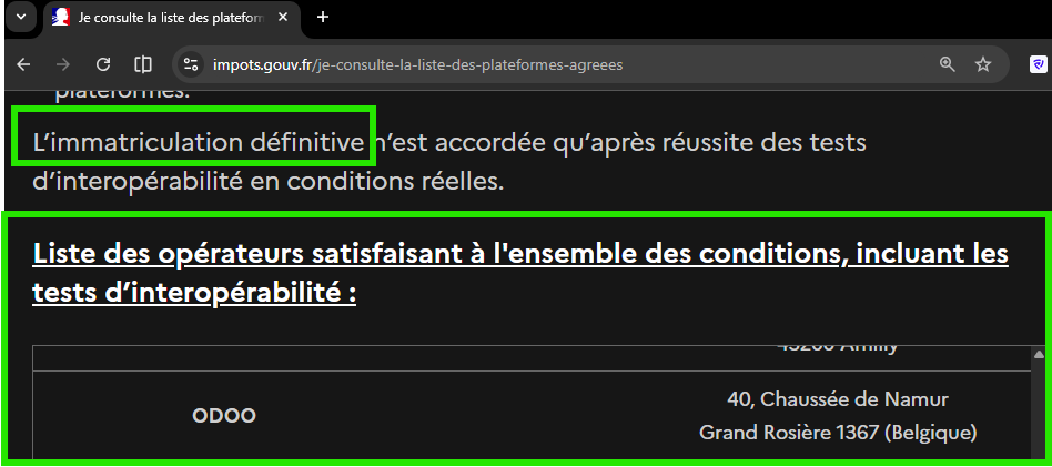 Odoo fait partie des plateformes agréés définitivement par l'état dont la liste est consultable sur le site des impots
