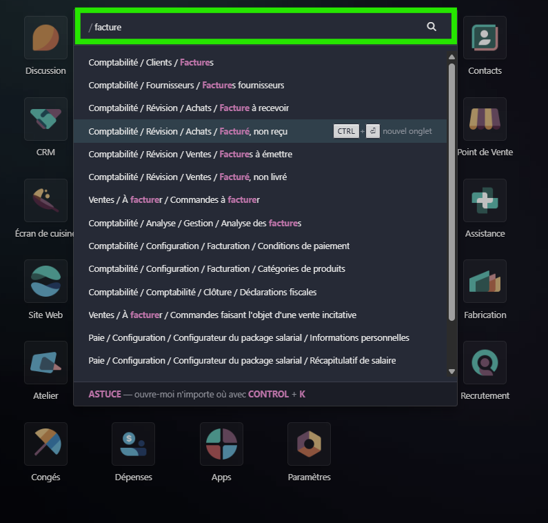 rechercher un menu depuis le tableau de bord Odoo