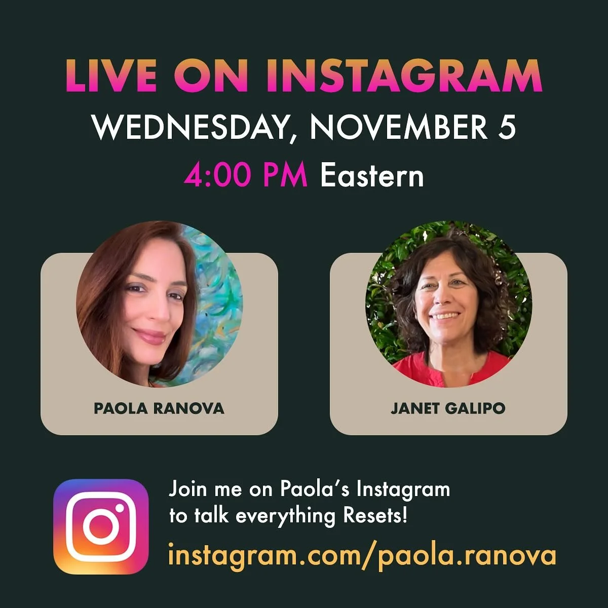 Tomorrow I&rsquo;m going LIVE with Paola Ranova (@paola.ranova ) to talk about the Resets&mdash;those simple 10-minute techniques I&rsquo;m always talking about!

Paola is a PhD, University Professor, Energy Healing practitioner, and Creator of the C