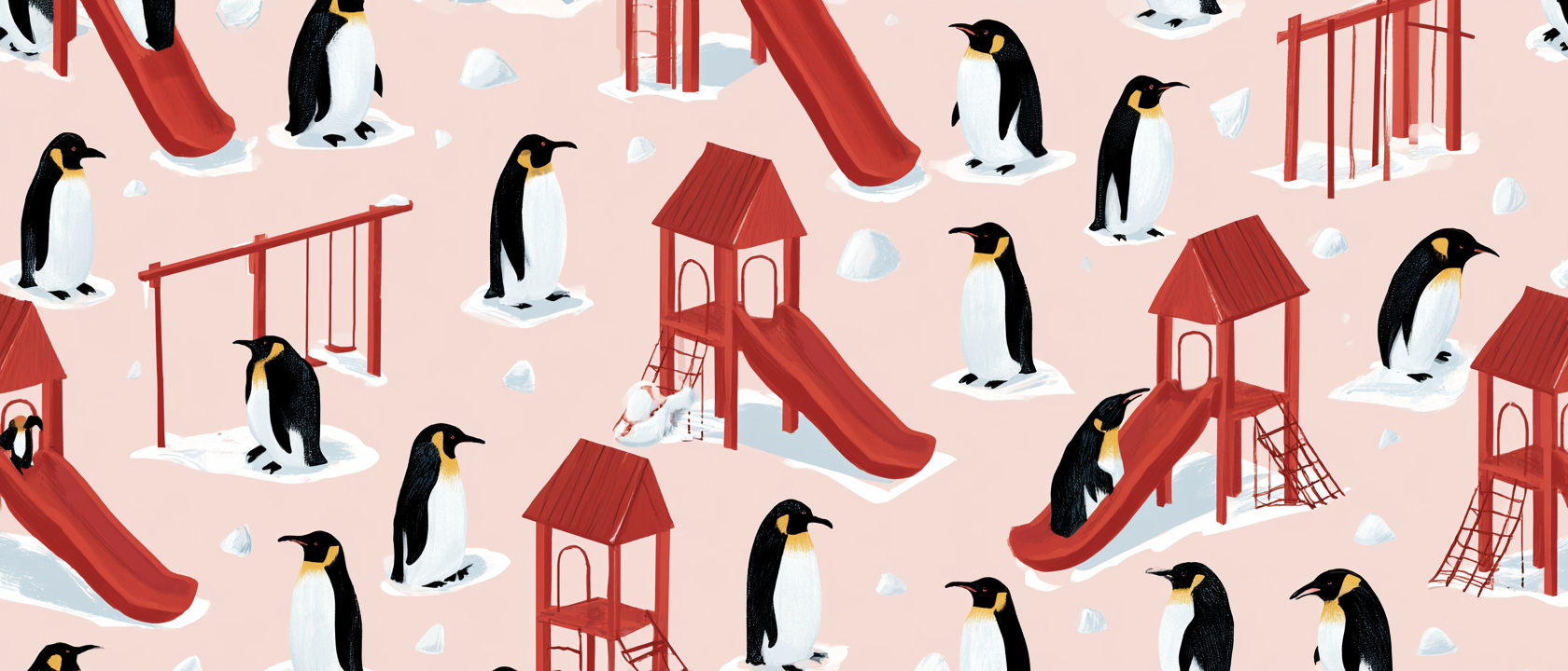 Pattern of cartoon penguins standing on snow, with red playground slides, climbing structures, and small houses on a light pink background.