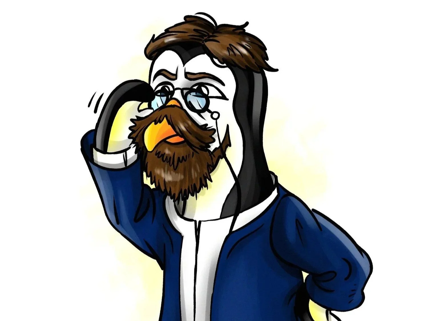 Cartoon of a Chekhov drawn as a penguin with glasses, a beard, and long hair, wearing a blue jacket and white shirt.