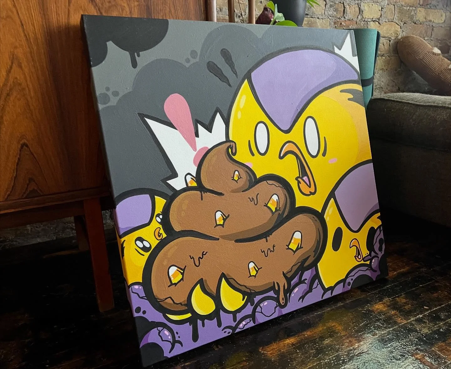 &ldquo;SPOOKY DOOKIE!&rdquo;
24&rdquo; x 24&rdquo; acrylic and shit on stretched canvas.
Thanks @___kozmo___  and @__matr__ for having me on this show. Spooky dook will be available Wednesday night for the show!
.
#birdmilk #chicago #poop #dook #hall