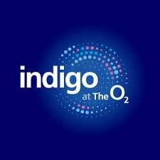 Logo of Indigo at The O2 with dotted spiral design on a blue background.