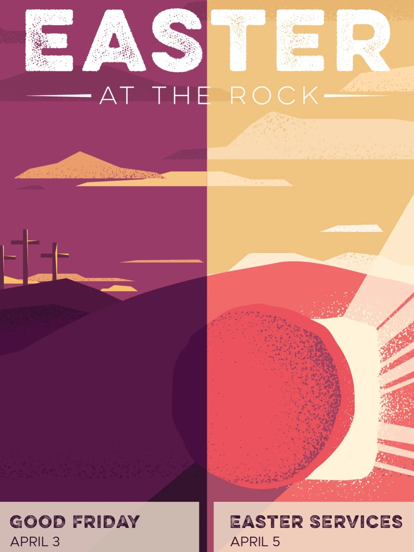 Join us for Good Friday and Easter weekend at The Rock. 🪨⛪️

Mark your calendars - 
🗓️ Good Friday: April 3rd @ 5 PM and 6:30 PM
📍Bangor Campus Only - No Kids Ministry open
🗓️Easter Sunday: April 5th @ 8 AM, 9:30 AM, and 11 AM
📍Bangor, Hampden, 