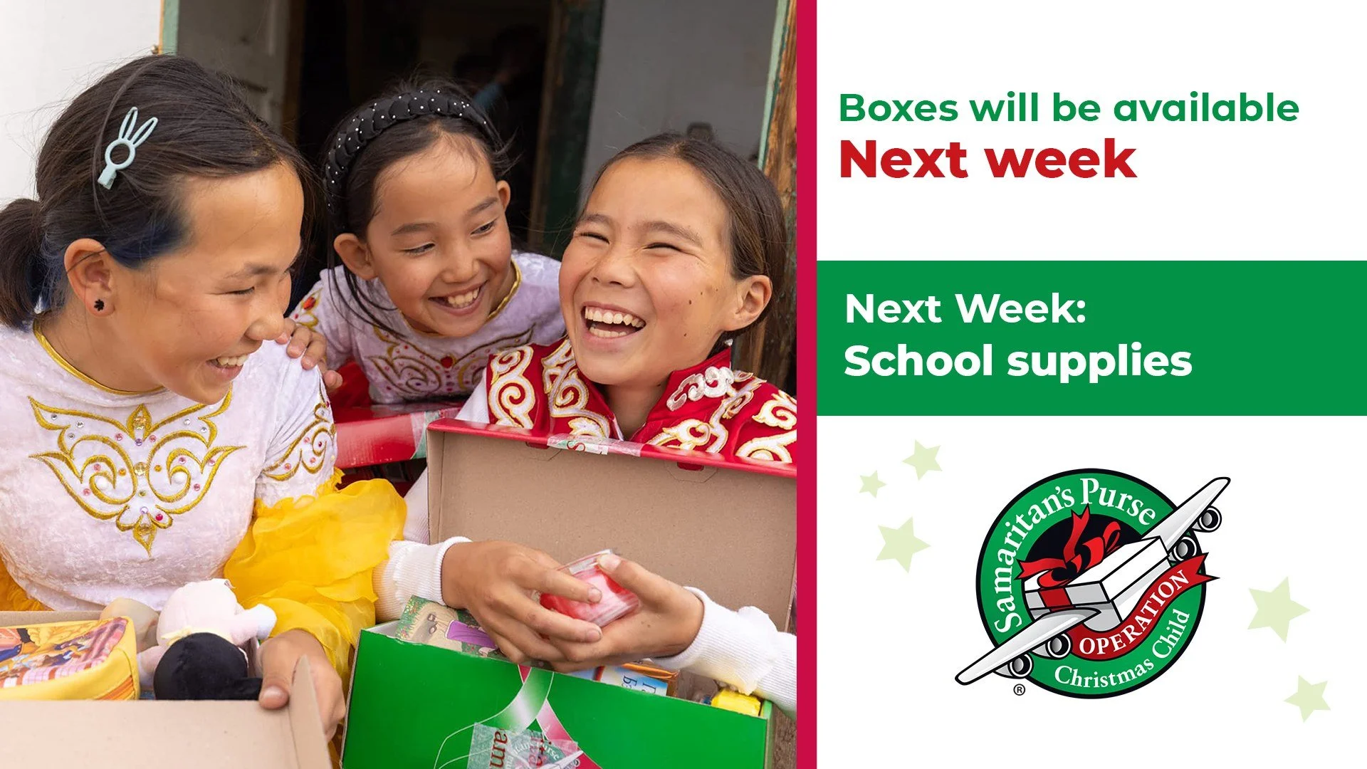 🔔 Reminder: this Sunday starts our collections for Operation Christmas Child bonus boxes 🎁 

Each week we collect items at every campus for our "bonus boxes". This Sunday we are collecting school supplies ✏️📓📚. We will also have boxes a