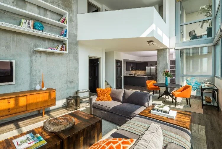 Complemtary Color Schemes , open space planning to maximize the views and the swanky vibe of this space are evident in all areasimage courtesy of  www.fourpoint-design-construction.com 