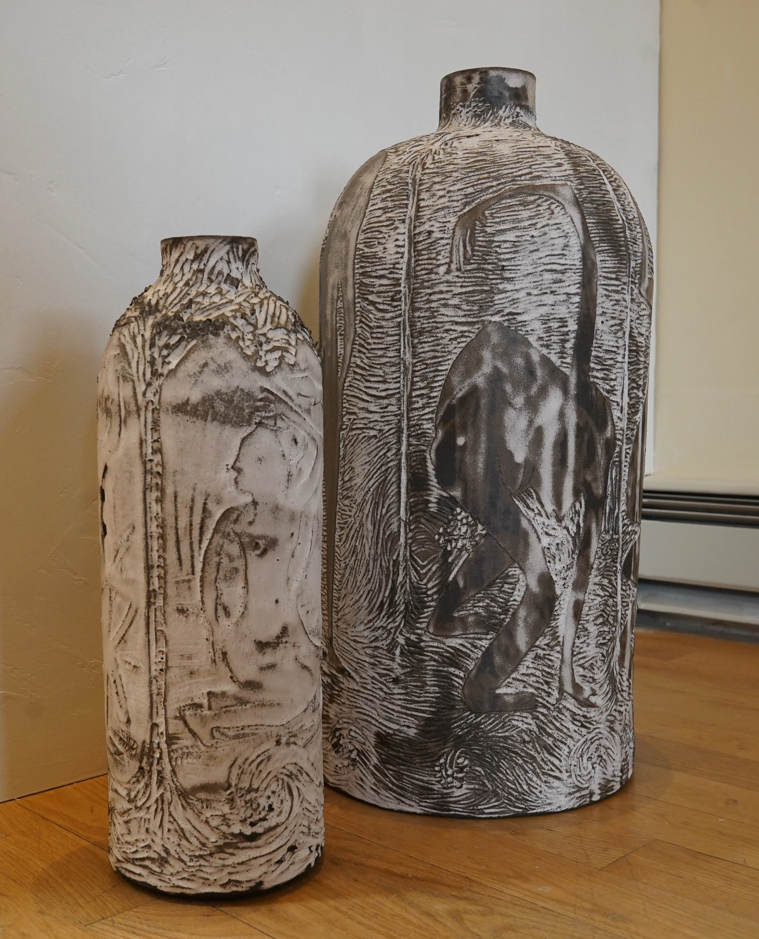 Jasmine Little, Water vessel (left, 14"h x 7.5"w x 7.5"d) and Waterfall (right, 27"h x 10.5"w x 10"d). Stoneware and glaze, 2017. 