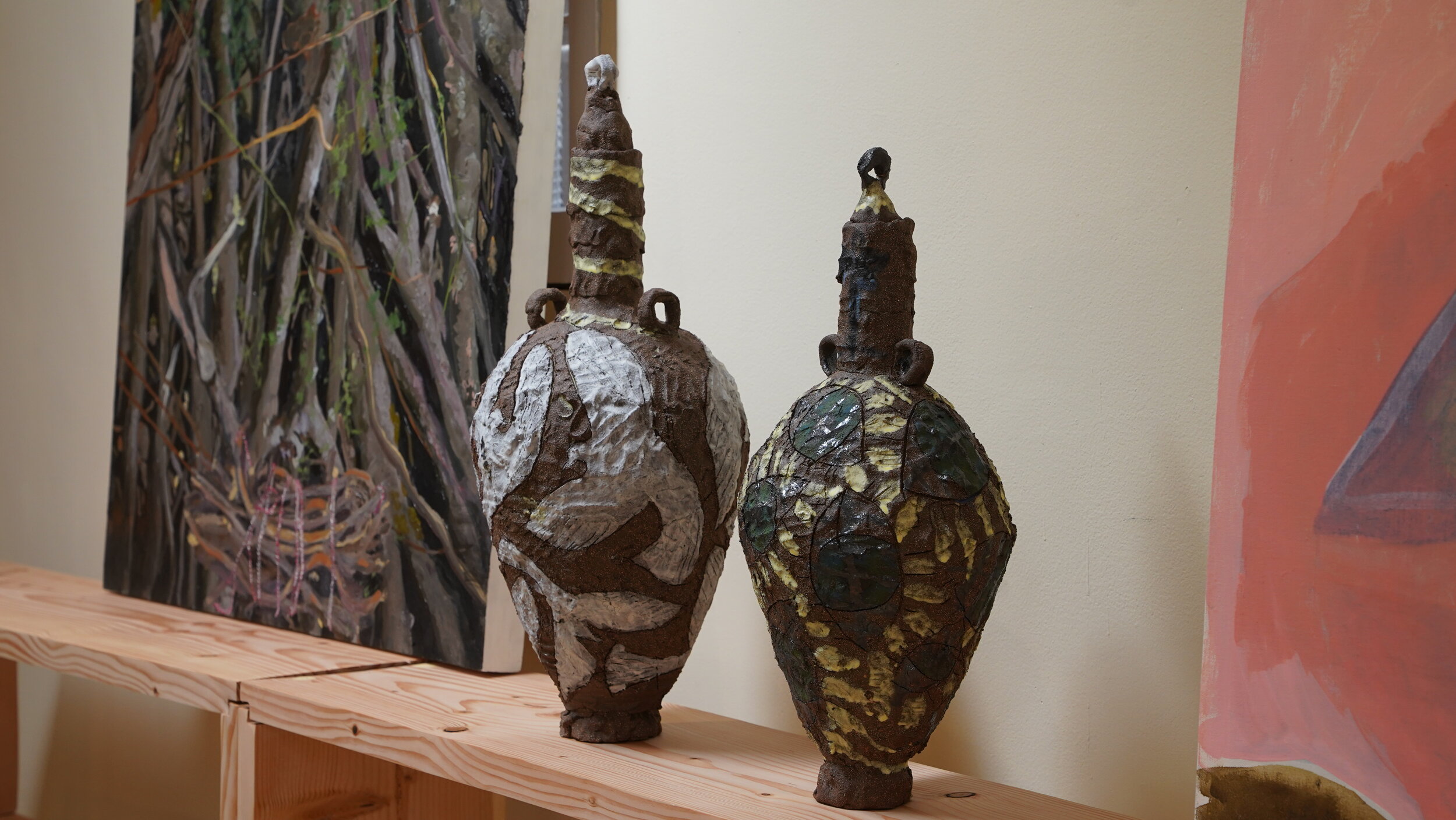 Amelia Lockwood, Flock potion bottle and Green-eyed potion bottle, 2020. Glazed stoneware, 10"h x 8"w. 