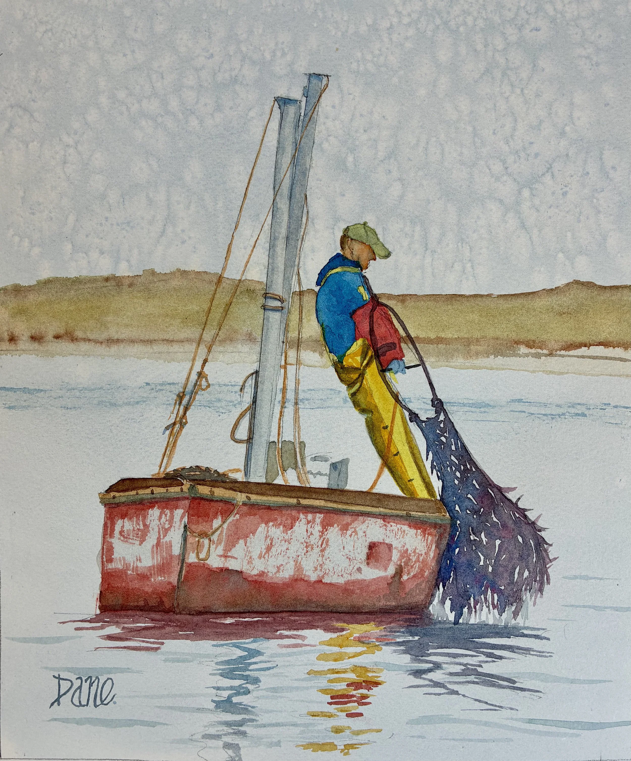 (Scallop Catch, Artist: Dane Roberts) I’m drawn to the sense of
solitude and motion in this
piece. It captures a quiet
moment of work and
perseverance out on the water,
while still feeling timeless and
reflective. There’s something
compelling about t