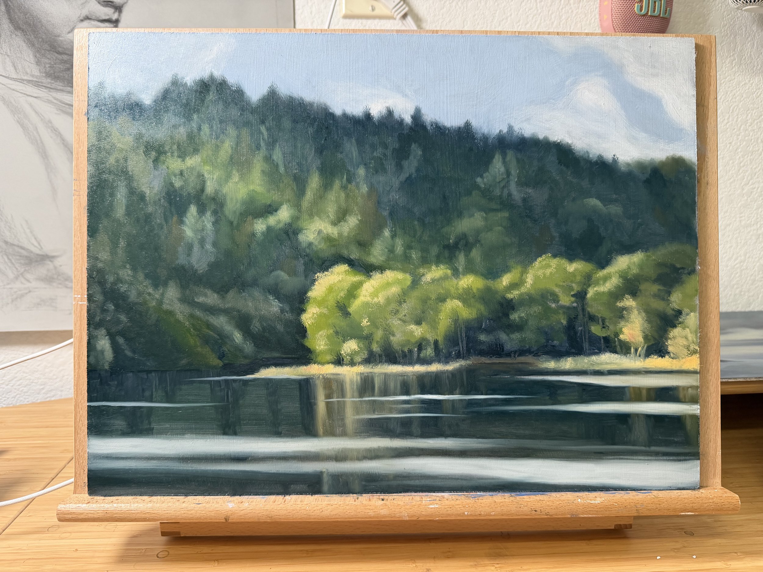 (A Ray of Sunshine, Artist Yichen Wang) The artist clearly
understands atmosphere and
restraint, and that restraint is
what gives the work its
strength — conjuring a quiet
ray of light within an
otherwise foreboding forest
and lake scene. (Board Sele