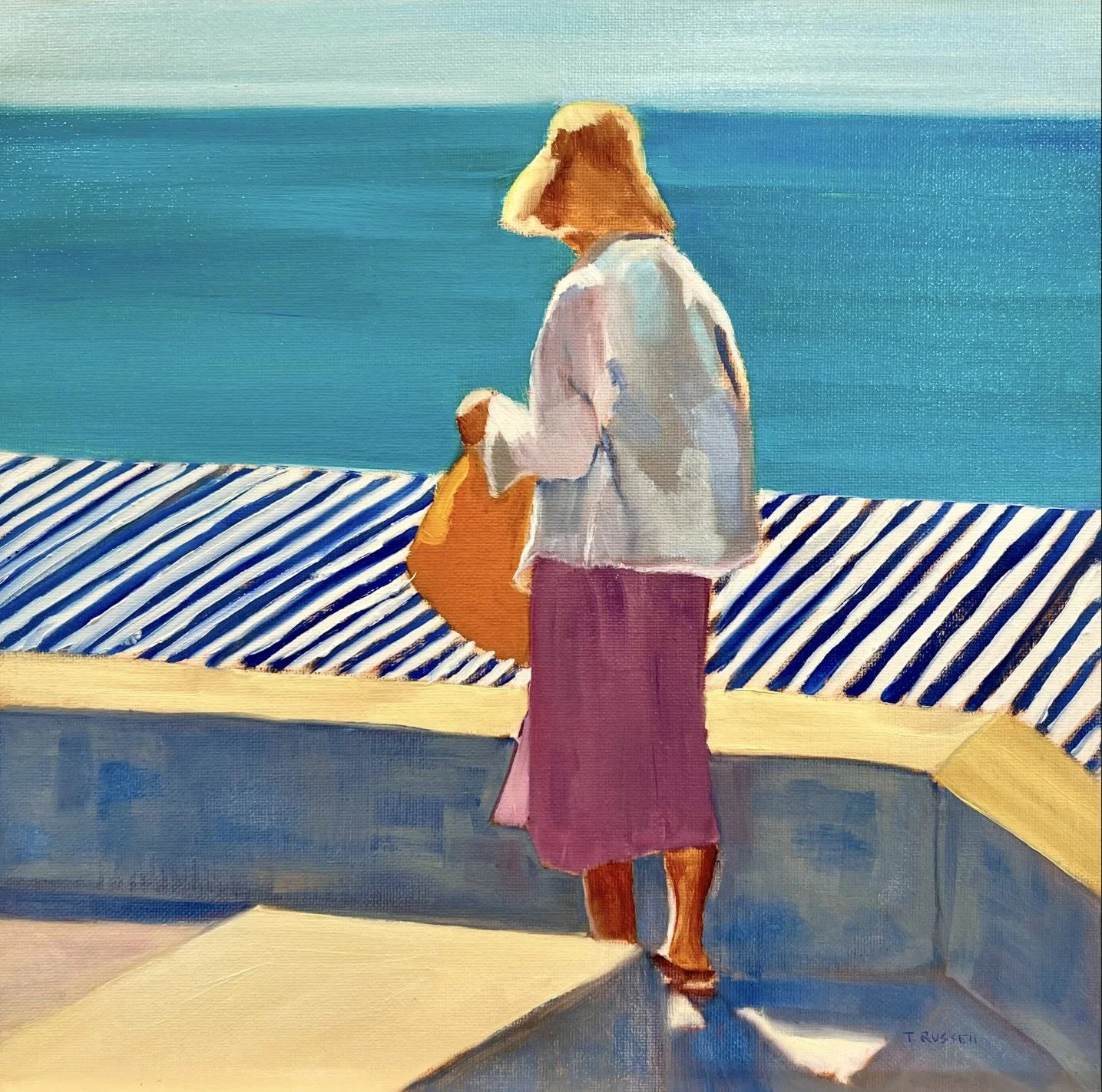 (Woman Bathed in Light, Artist: Tanya Russel) I love the beautiful composition
that draws the viewing info into
the scene. Beautiful contrasting
colors and consistent backlit
lighting. Great softening of sea
horizon, which pulls the figure

figure fo