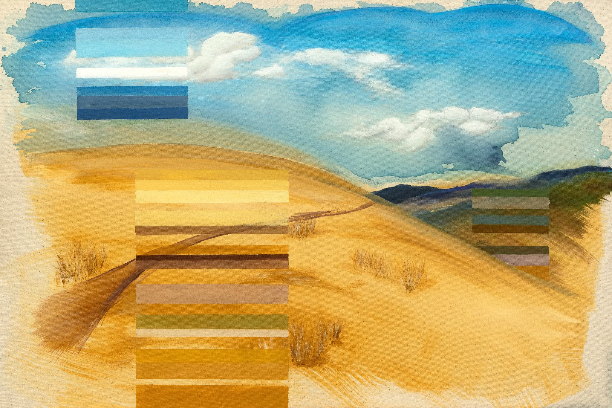 (Because I was There, it is Here: Monte Bello, Artist: Mika Munch) I was drawn to this painting for the way the whimsical rectangular
color blocks drift across the
landscape like fragments of
memory. The painting feels like
a conversation between nat
