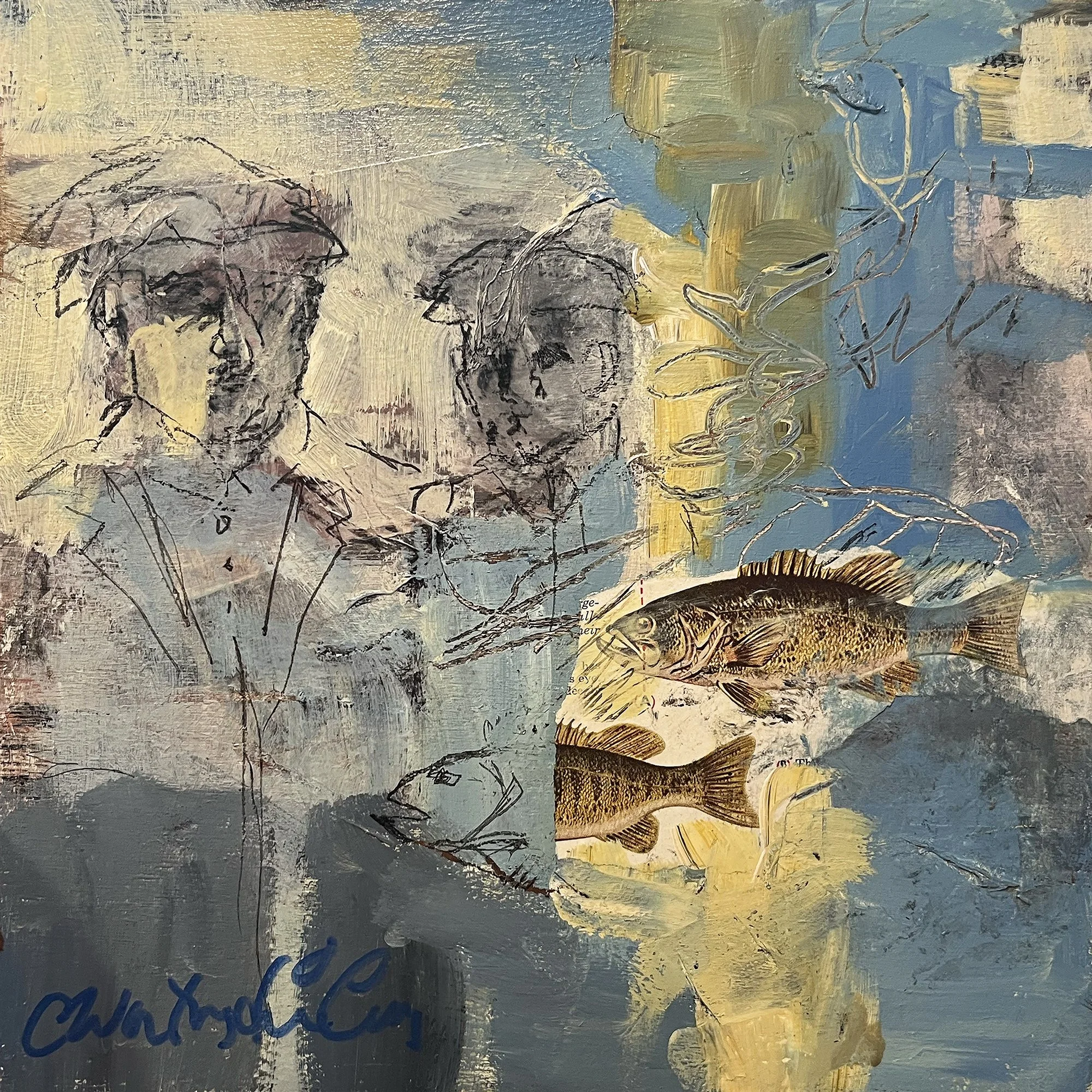 (Fish Market, Artist: Carol Worthington-Levy) What’s especially compelling is
the tension between observation
and abstraction. The fish collage
element feels grounded and
almost scientific, while the ghostly
figures dissolve into memory and
gesture. 