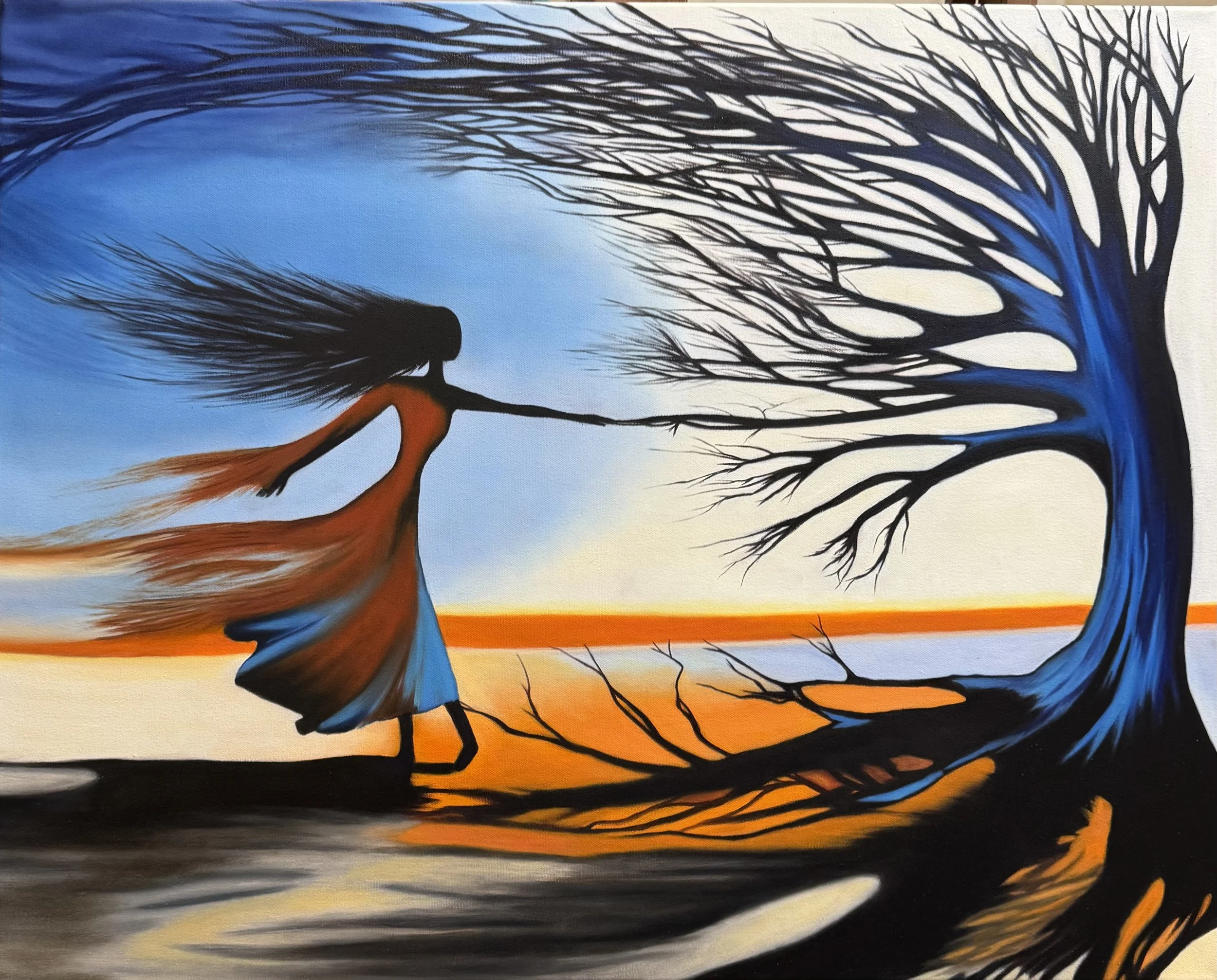 (The Divide and the Deep, Artist: Bahareh Hosseinnia) This striking composition evoked
in me an internal discussion of
dichotomies on many levels.
Push-pull, red-blue, and what
does a barren tree want with a
willowy female— what is the
draw or connec