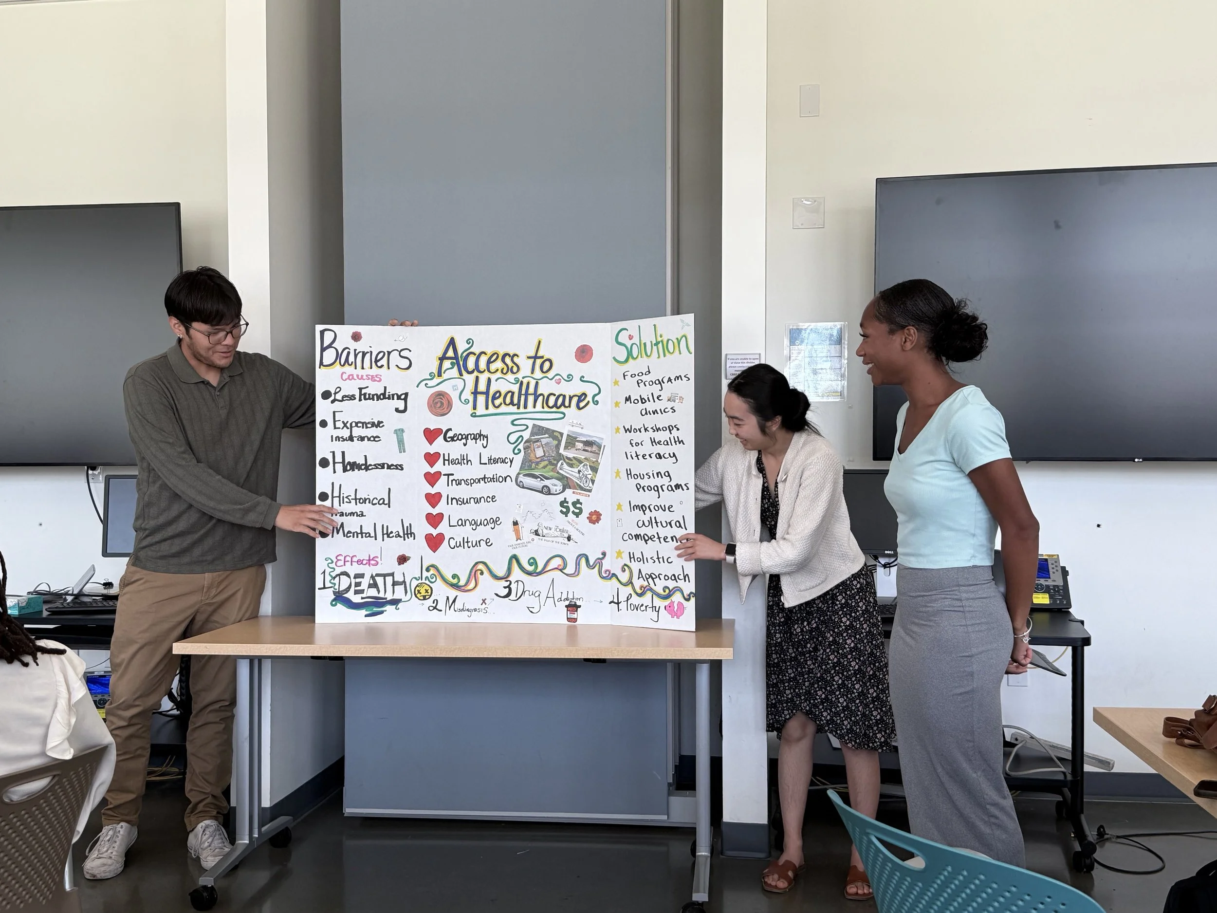 Three people presenting a large colorful poster about access to healthcare, with text and drawings, in a classroom or conference room setting.