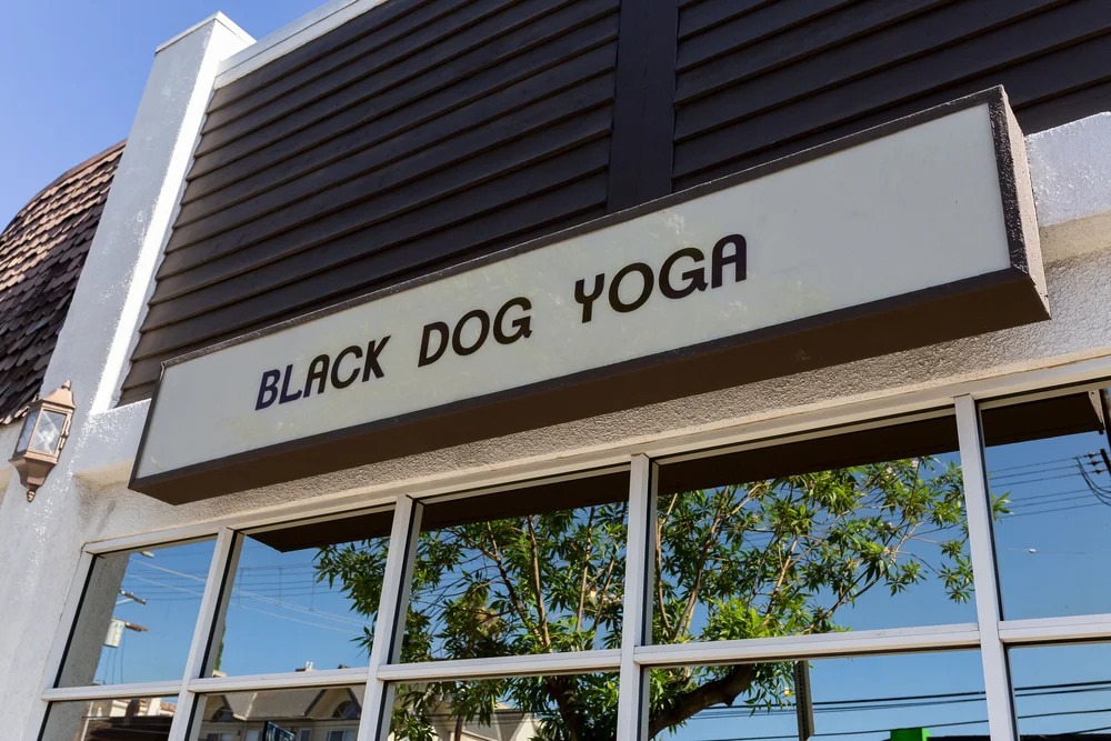 The Black Dog Yoga storefront on Moorpark Street, its name across the awning above a wall of windows