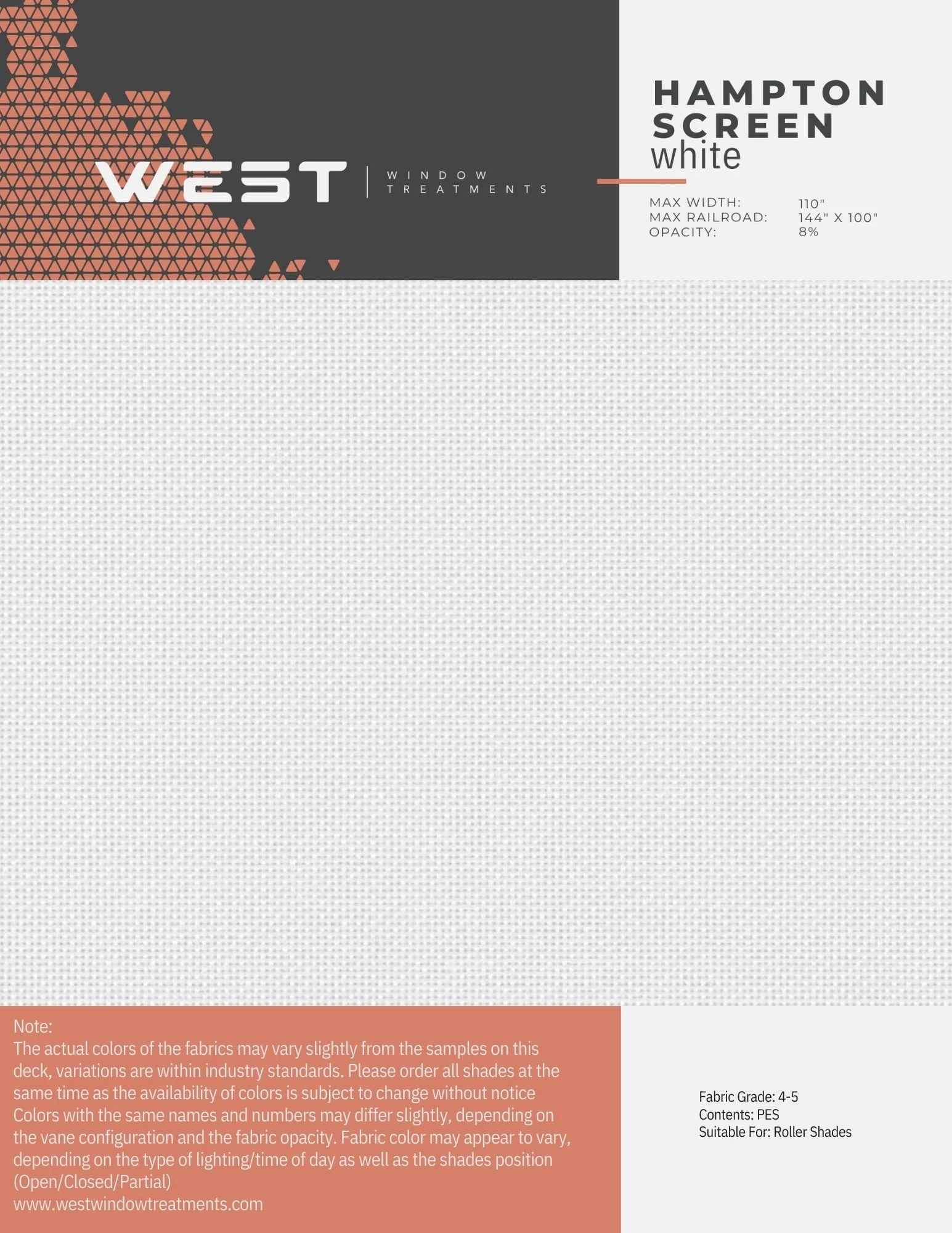 Blank window treatment sample with white fabric, packaging label includes product details like width, opacity, fabric grade, and usage.