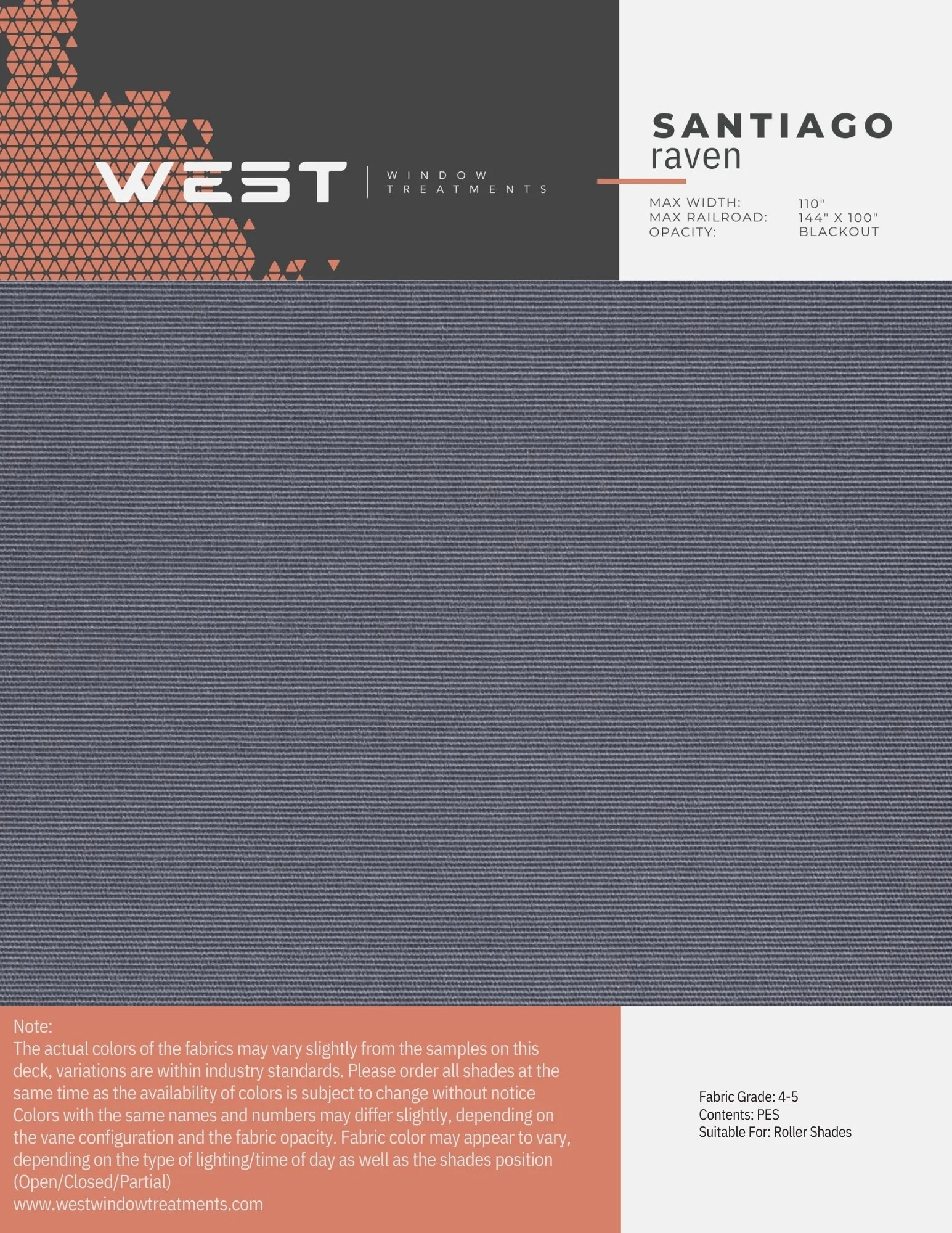 Sample fabric swatch in dark gray color for roller shades, labeled Santiago Raven from West Window Treatments.