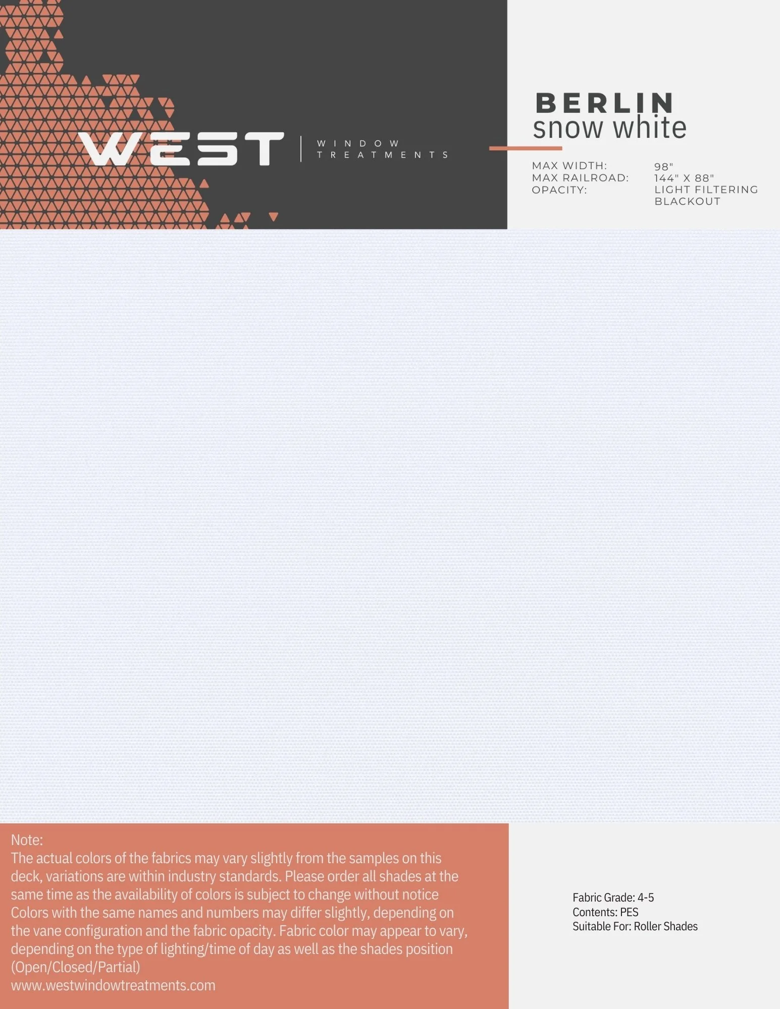 Sheet of window treatment fabric labeled Berlin Snow White, with specifications for width, railroad size, opacity, color, and suitability for roller shades.