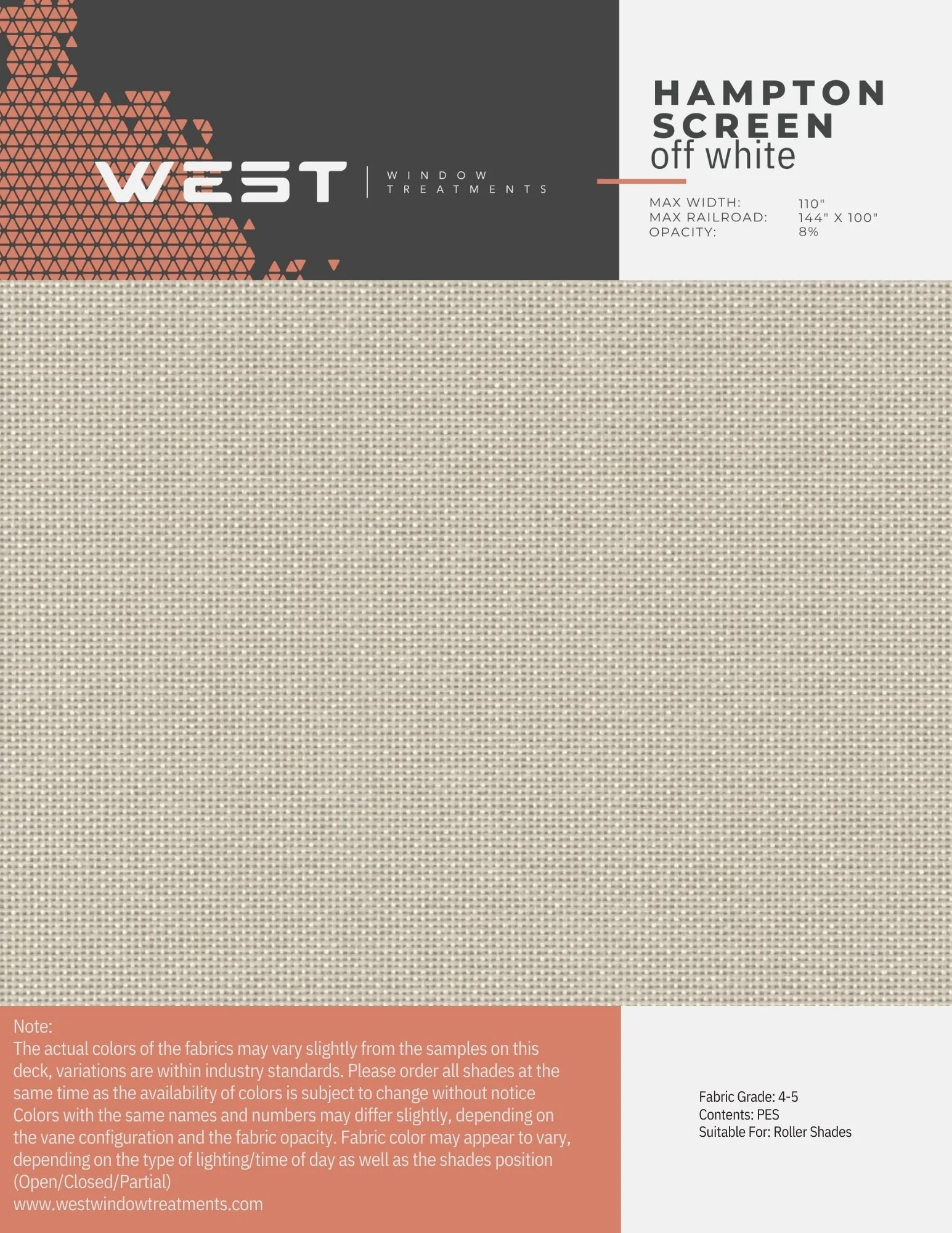 Sample of beige roller shade fabric with a subtle woven texture, labeled as Hampton Screen off white, intended for window treatments, with product details and color disclaimer.