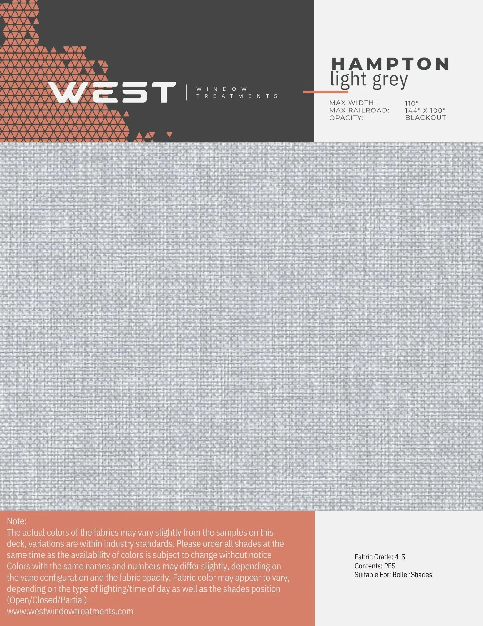 Sample fabric swatch in light grey color from West Window Treatments, labeled as Hampton, with a note about color variance, suitable for roller shades, and dimensions of 110 inches width and 144 inches height.