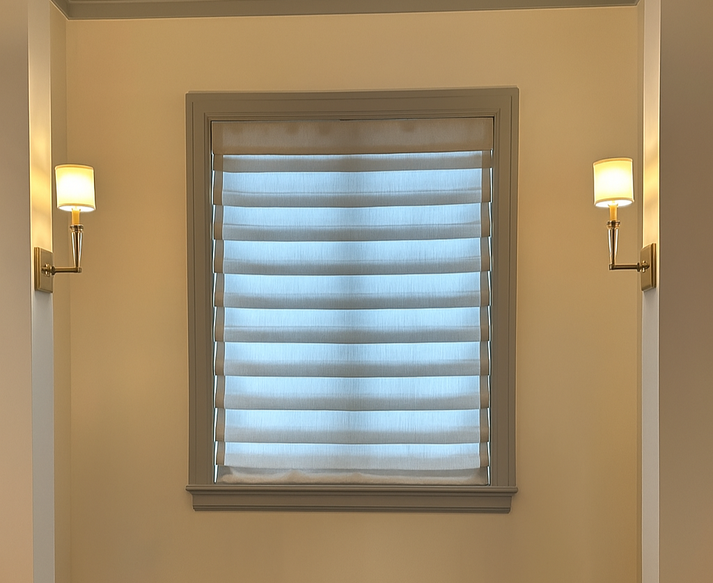 A window with horizontal blinds, flanked by two wall-mounted lamps on a cream colored wall with gray trim.