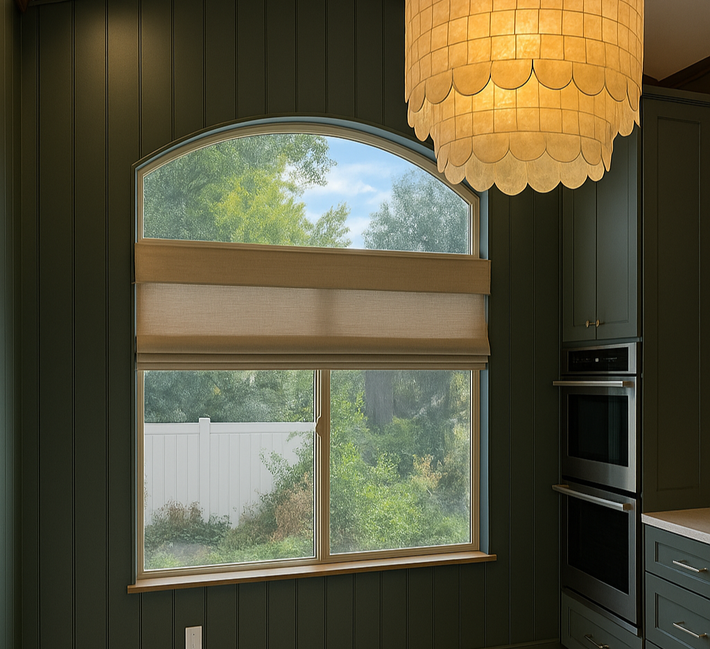 Empty kitchen with green paneled walls, a large arched window with custom made roman shades, and a tiled floor, featuring built-in double ovens.