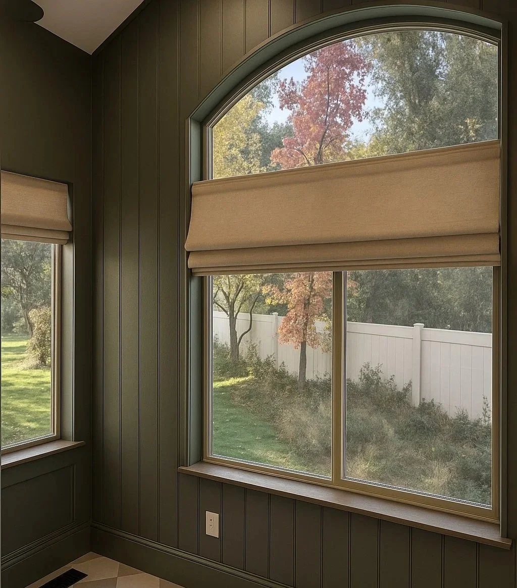 View from a corner of a room with green wooden paneling, a large window with a beige roman shade, and a patterned tile floor, showing a backyard with trees and a white fence.