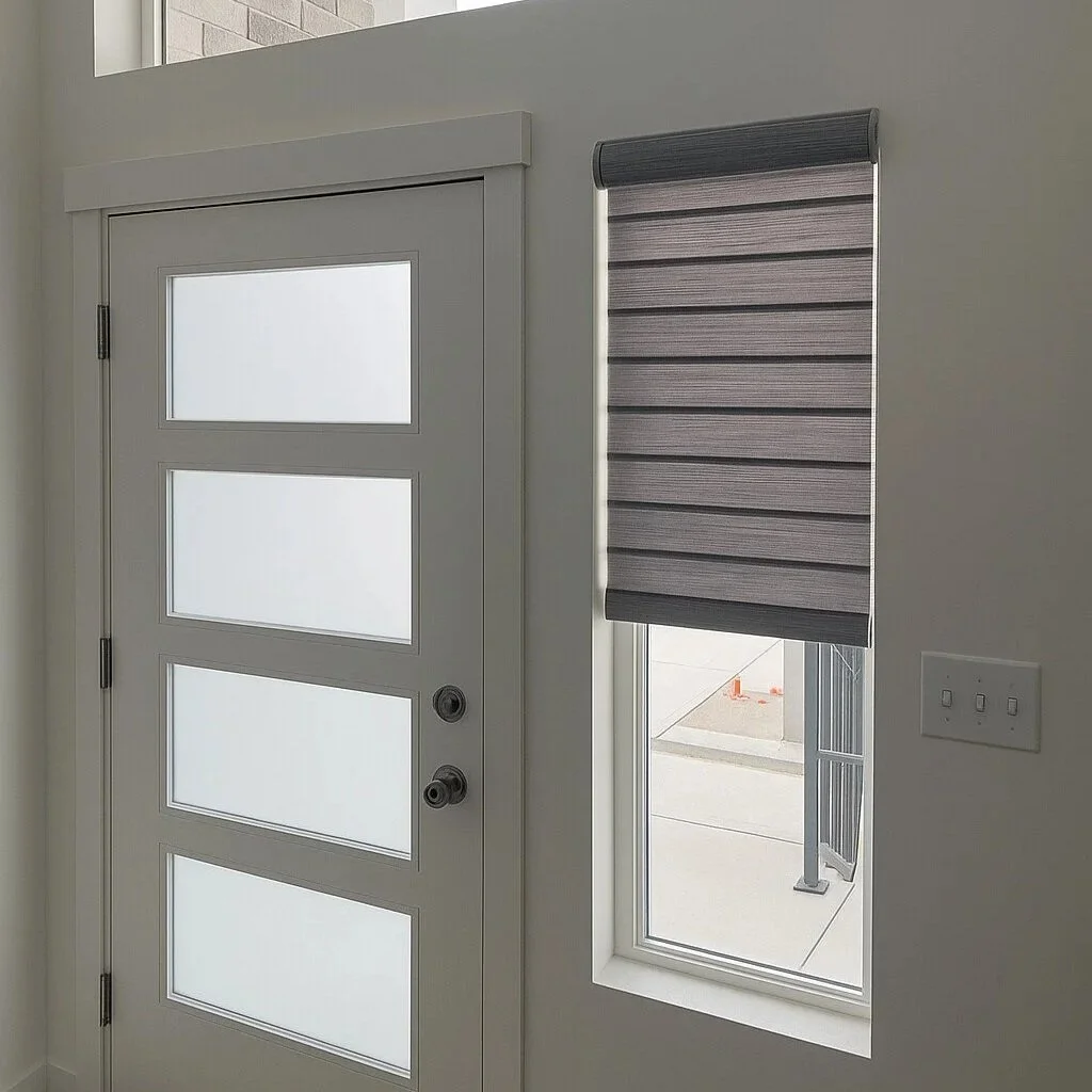 Interior view of a modern front door with four frosted glass panels, a window with a gray horizontal roller blind, an external view of a sidewalk and building, and a window above the door letting in natural light.