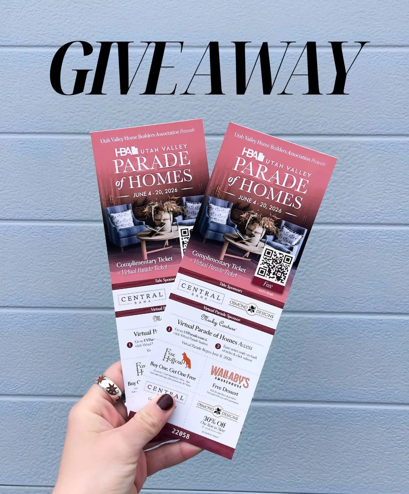 🌟GIVEAWAY🌟

The Utah Valley Parade of Homes begins June 4th-20th. We have window coverings featured in home #20 Hyacinth Villa and home #28 House of Four Chairs that we would love you guys to take a look at. We&rsquo;re giving away 2 free tickets f