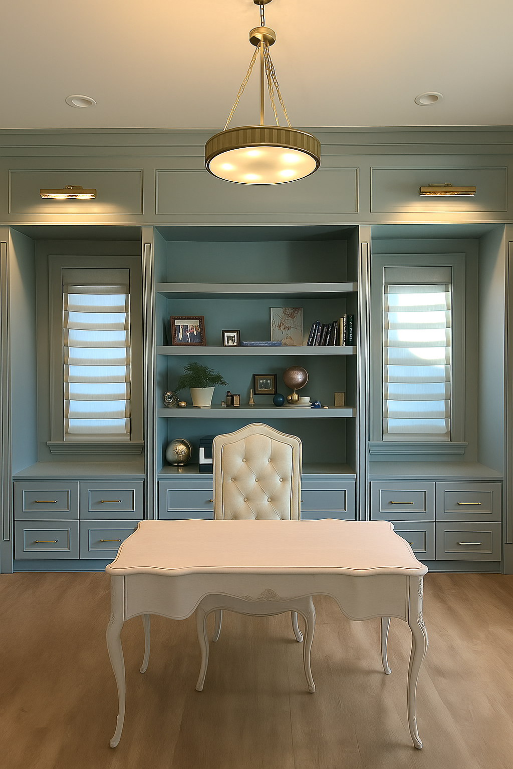 A room with a cream-colored desk and a matching tufted desk chair in front of built-in shelves painted in soft green. The shelves hold decorative items and books. Two windows with white fabric shades flank the shelves. A modern ceiling light fixture 