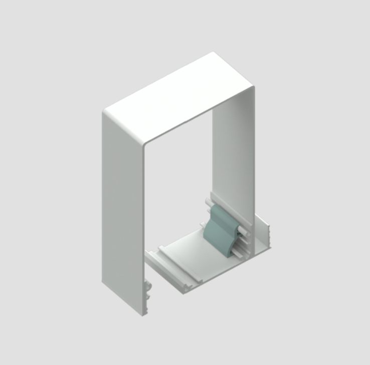 3D rendering of a white electrical or control box with an open front, showing internal components including a mounted gray circuit board or component.
