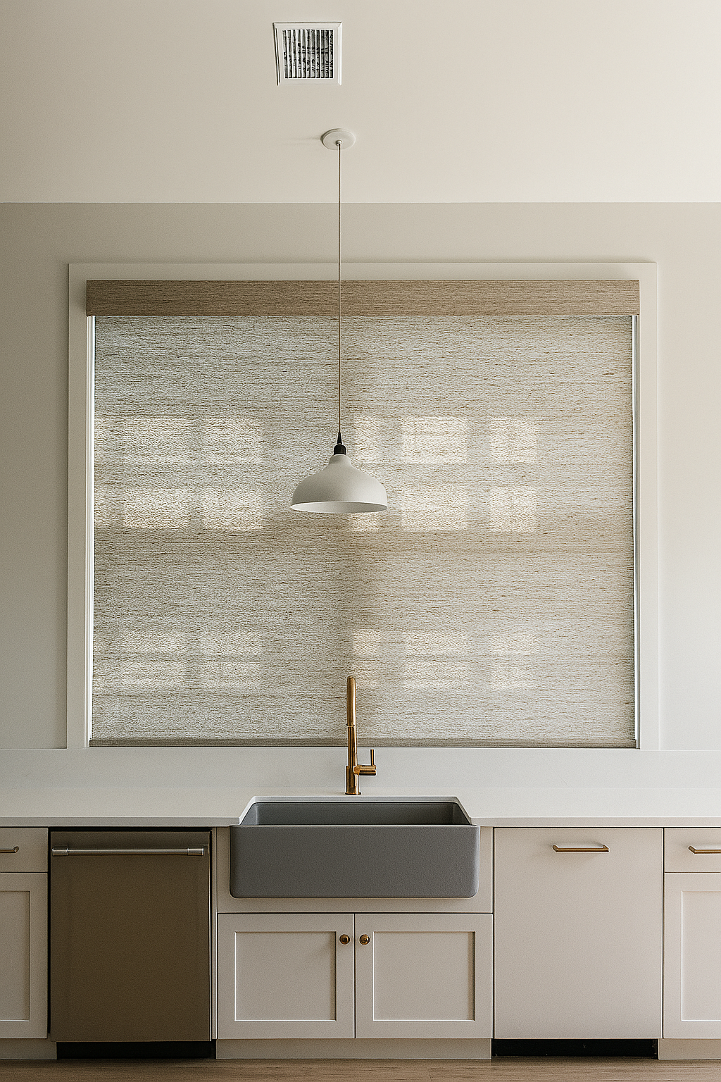 Modern kitchen with white cabinets, a large gray farmhouse sink, a gold faucet, a beige window shade, and a white ceiling pendant light.