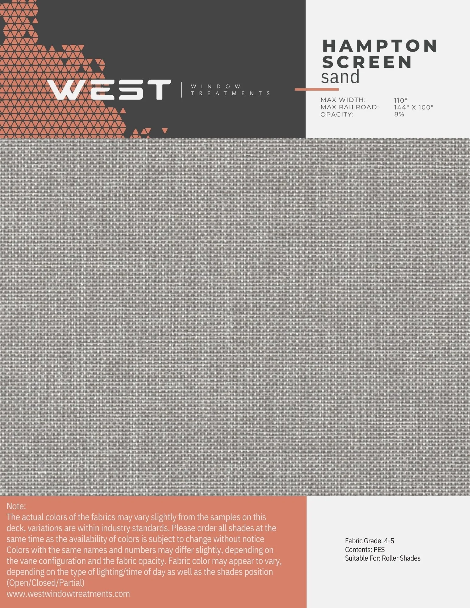Fabric sample for roller shades with a textured, neutral beige color and small, evenly spaced woven pattern.