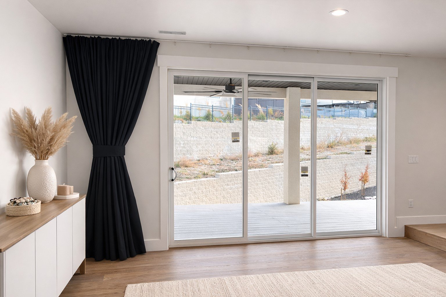 Interior view of a room with a large sliding glass door leading to a backyard patio. The room has light-colored walls, a wooden floor, and a black curtain tied to one side of the door. On the left, there is a white sideboard with decorative items inc