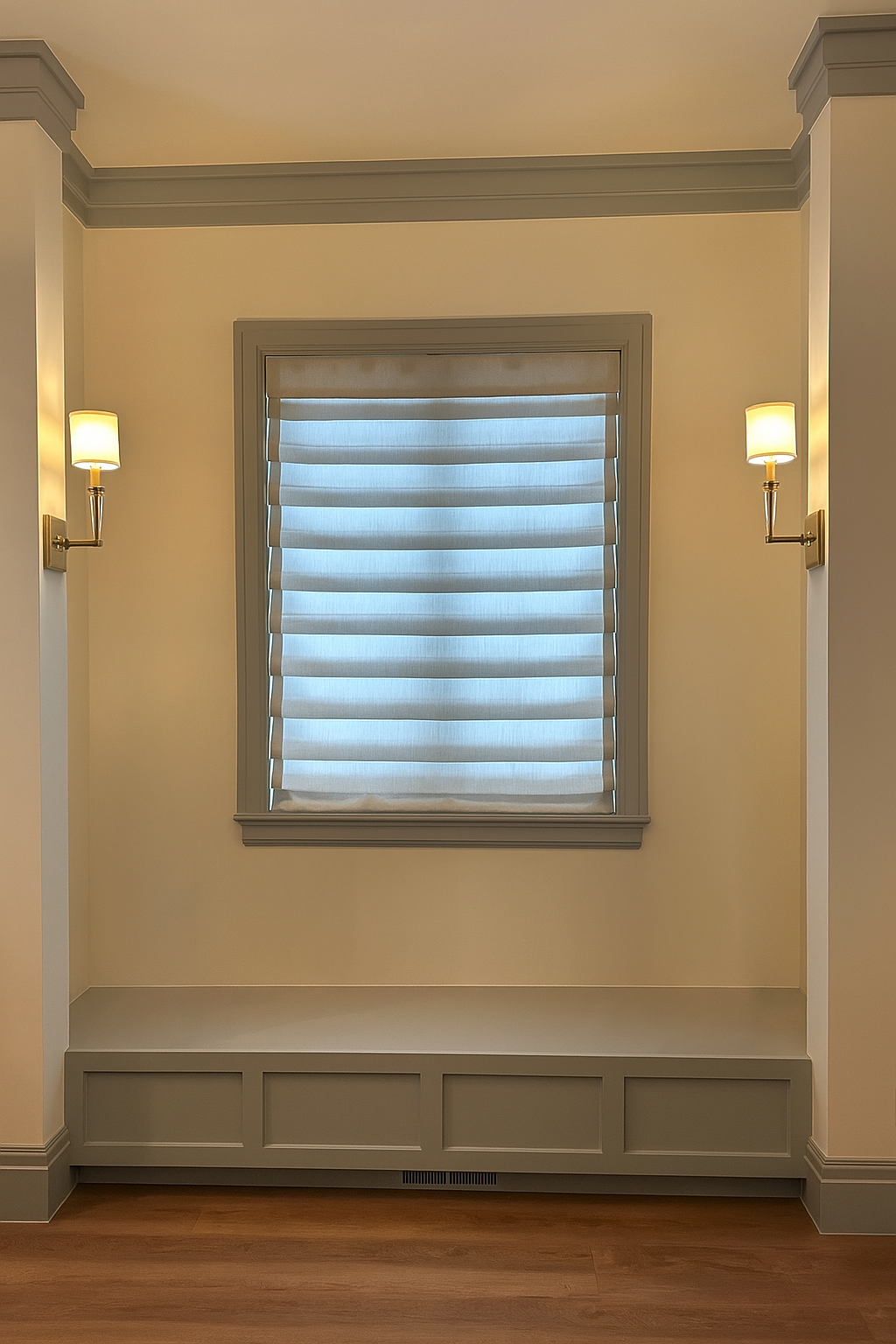 A window with horizontal blinds, flanked by two wall-mounted lamps on a cream colored wall with gray trim.