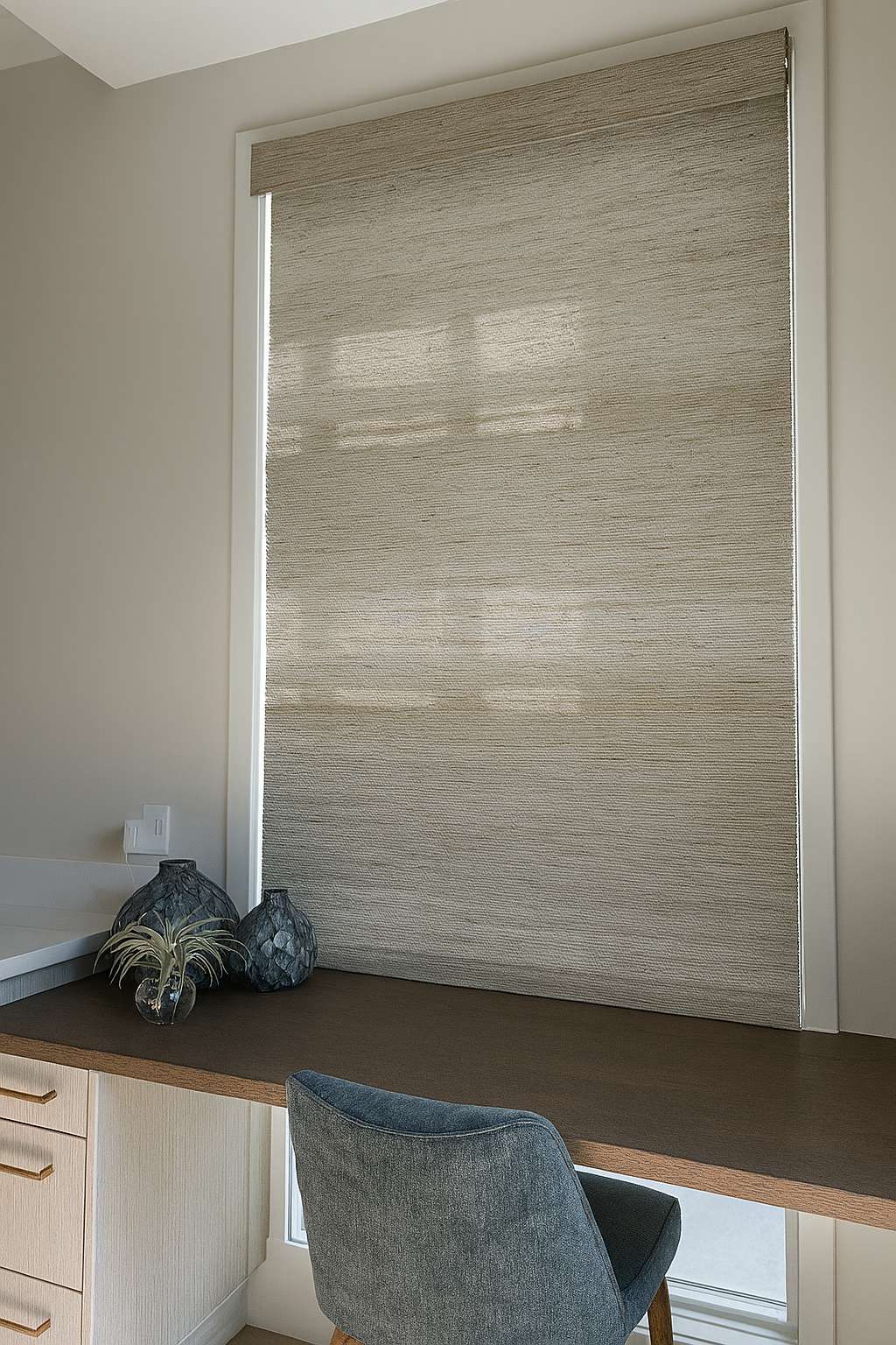 A window with a beige pull-down shade covering it in a home office. A desk with decorative vases and a chair is positioned below the window.