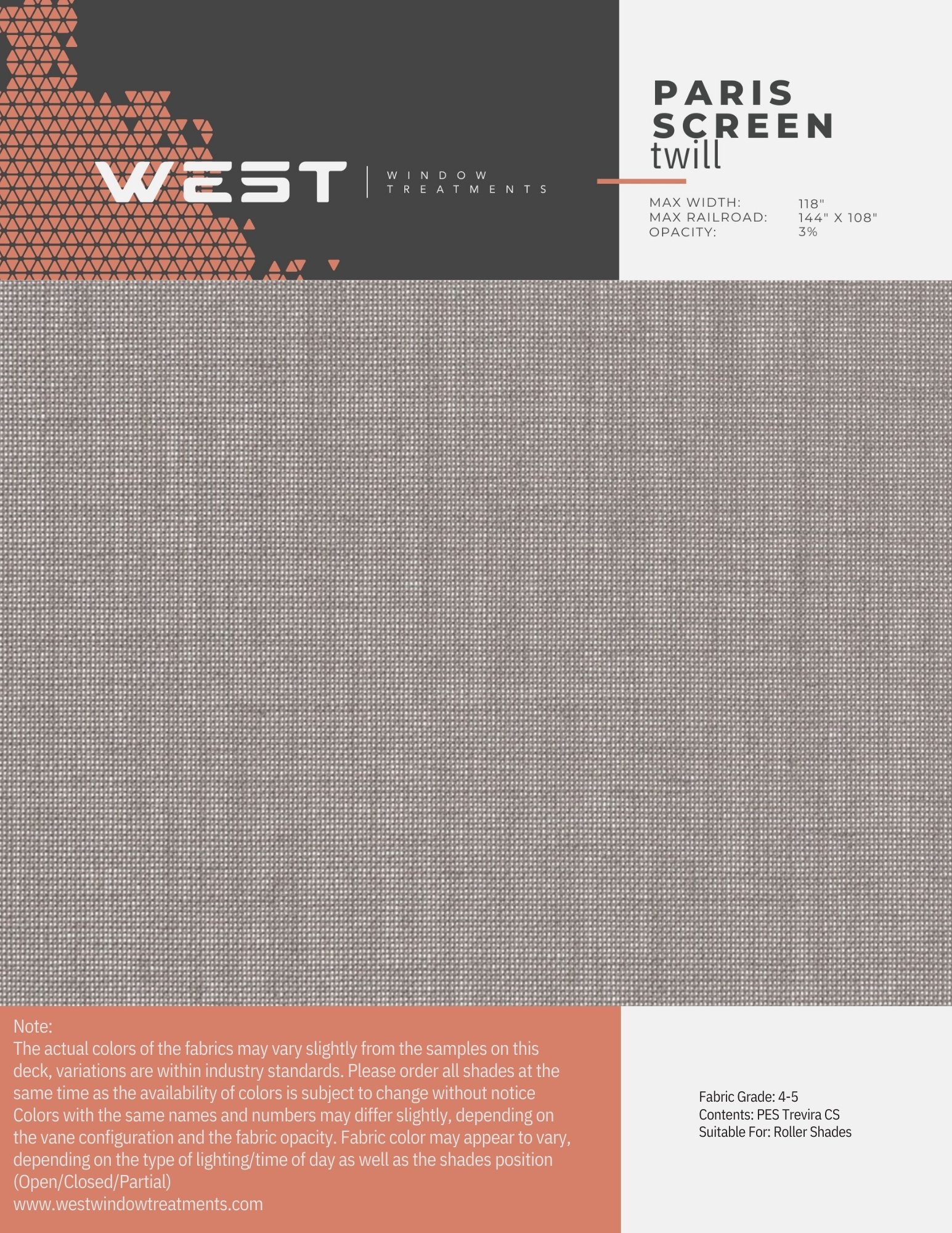 Sample fabric swatch in gray tone for window treatments, labeled as Paris Screen Twill, with specifications for width, railroads, and opacity, and notes on color variations.