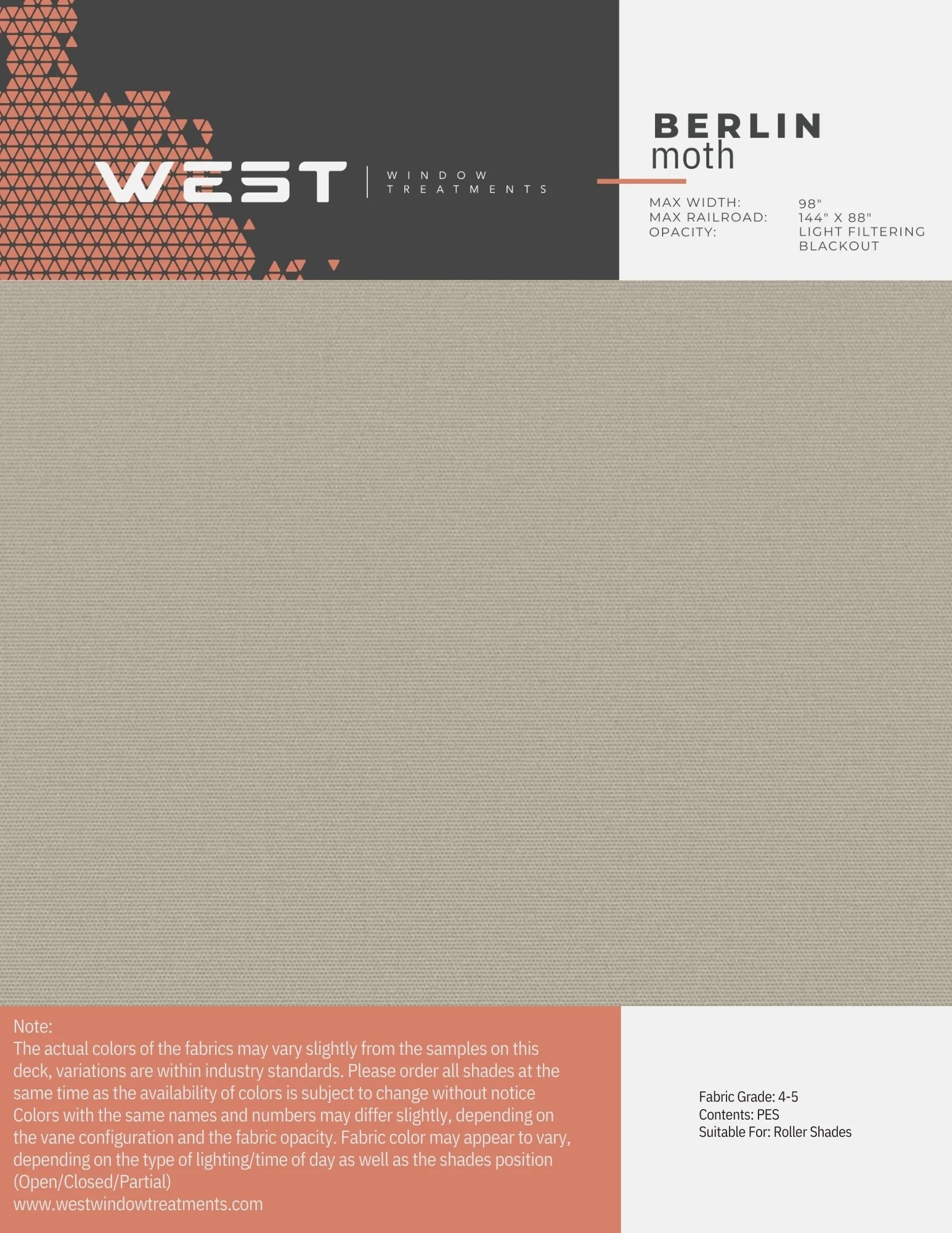 Sample of beige window treatment fabric with product information on the label, including brand 'West', model 'Berlin Moth', and specifications.