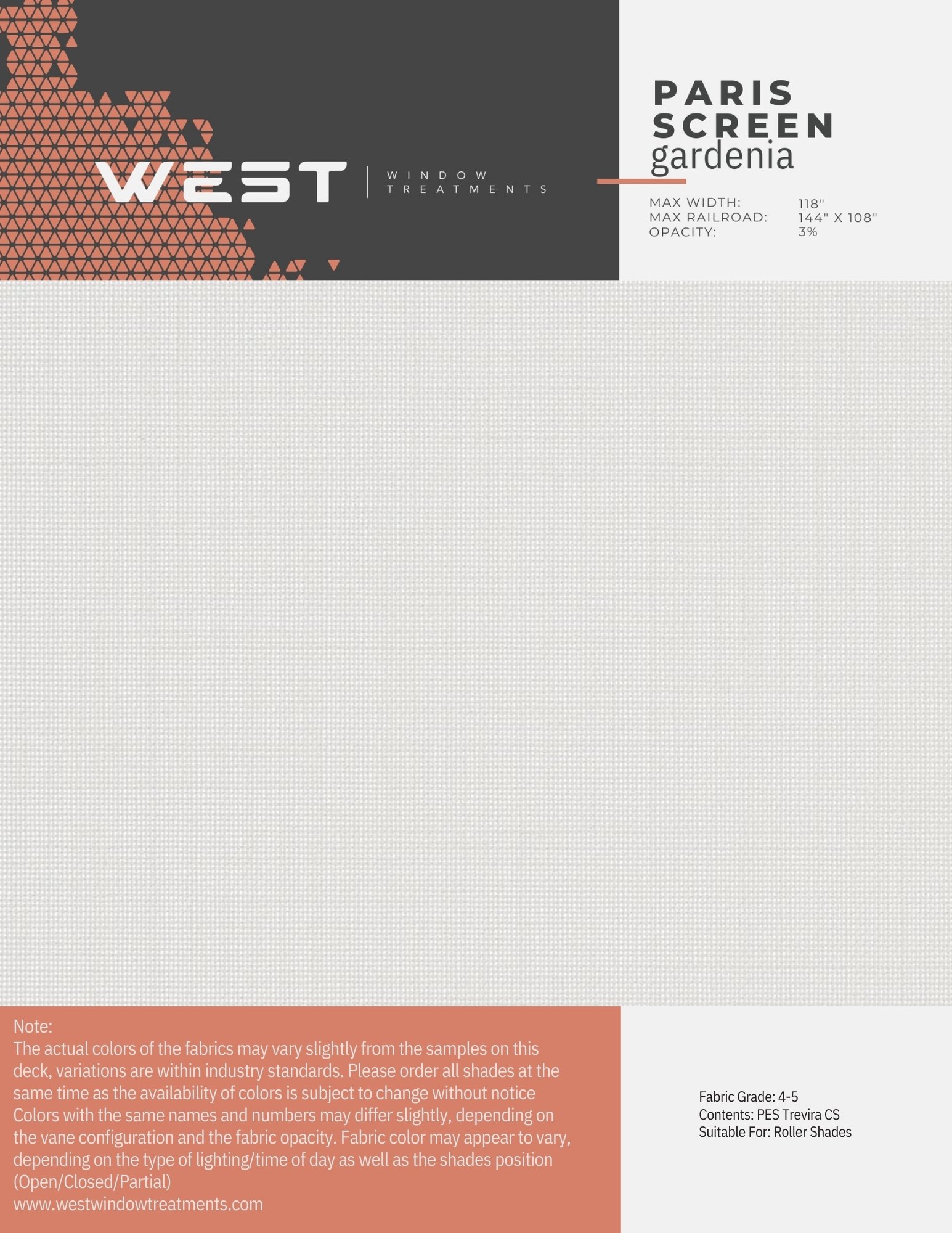 Blank fabric sample sheet with a design label at the top and a note about fabric color and pattern variations at the bottom.