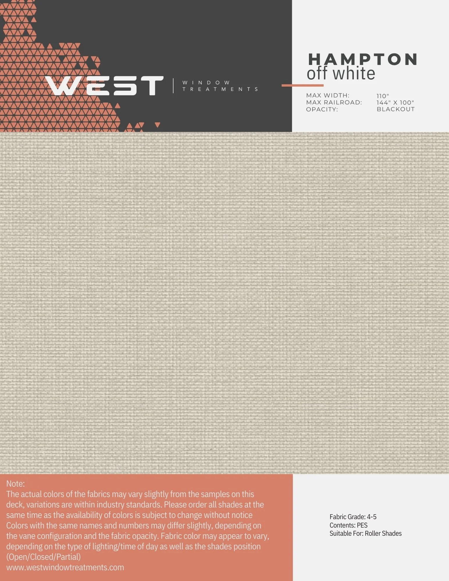 Sample of beige window treatment fabric with a tag indicating 'Hampton Off White' color from West Window Treatments, suitable for roller shades.