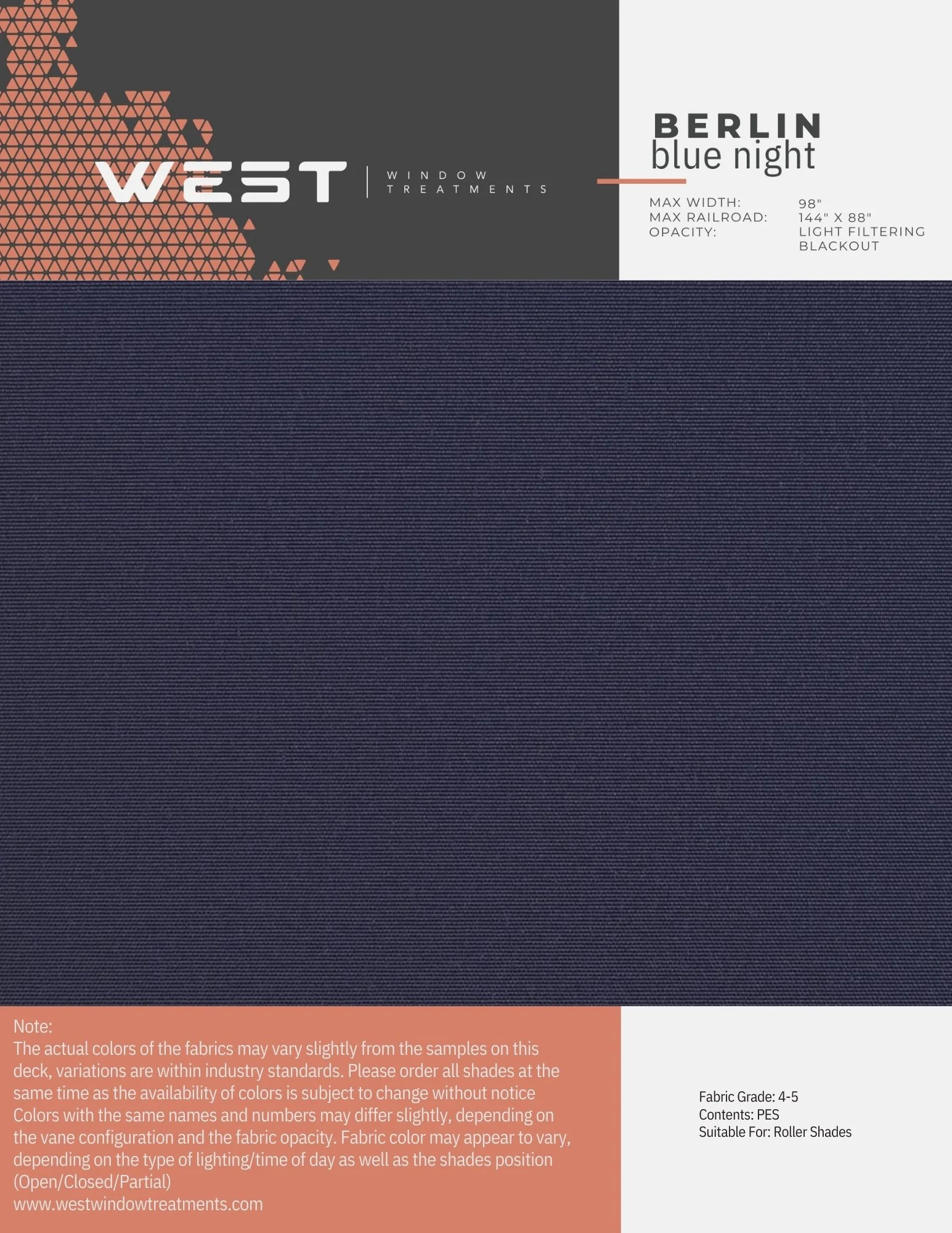 Sample of dark blue window treatment fabric from West Window Treatments labeled as 'Berlin Blue Night', measuring 98 inches wide with light filtering opacity suitable for roller shades.