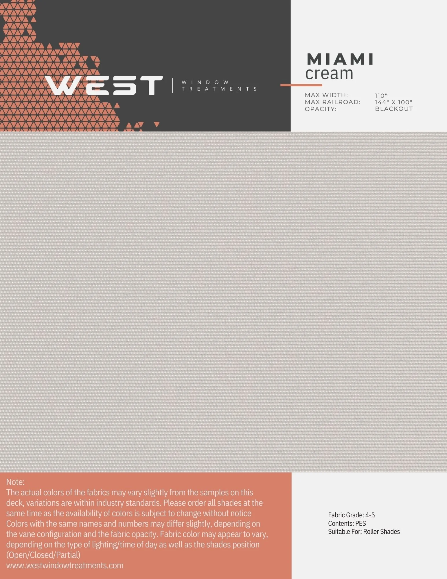 Sample fabric swatch labeled Miami Cream, from West Window Treatments, with a light, textured appearance and notes about color variations and fabric use for roller shades.