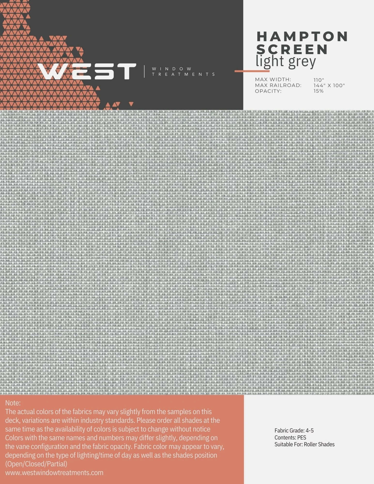 Sample fabric swatch in light grey color from West Window Treatments, labeled Hampton Screen, with technical specifications and usage details.
