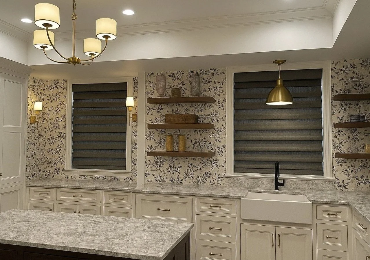 Modern kitchen with white cabinetry, marble countertops, floral wallpaper, black faucet, two large windows with dark blinds, open wooden shelves with decorative items, ceiling lights including a chandelier and pendant light.
