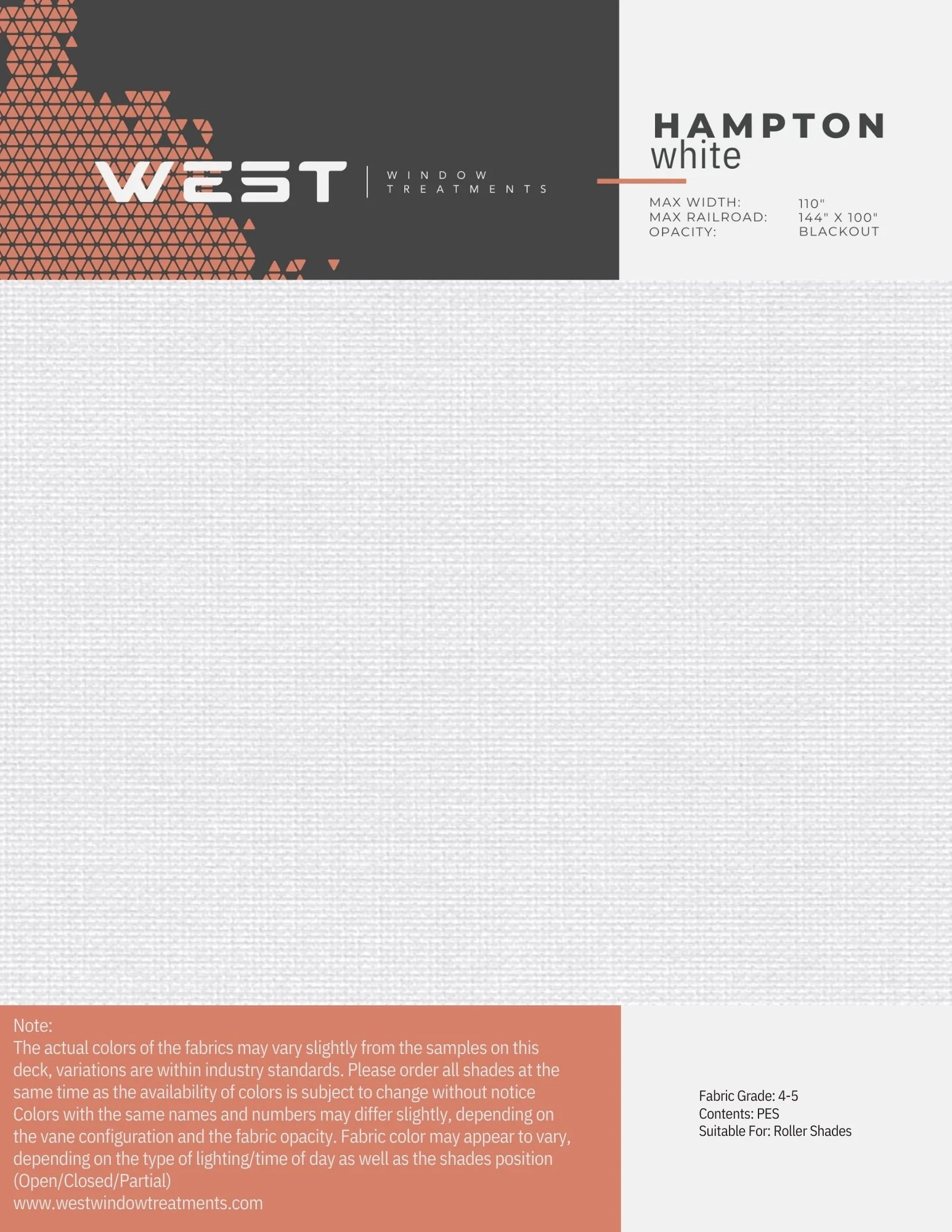 Sample fabric sample card from West Window Treatments, named Hampton White, with specifications for width, railroad, opacity, fabric grade, contents, and suitability for roller shades, featuring a textured white fabric with a note about color variati