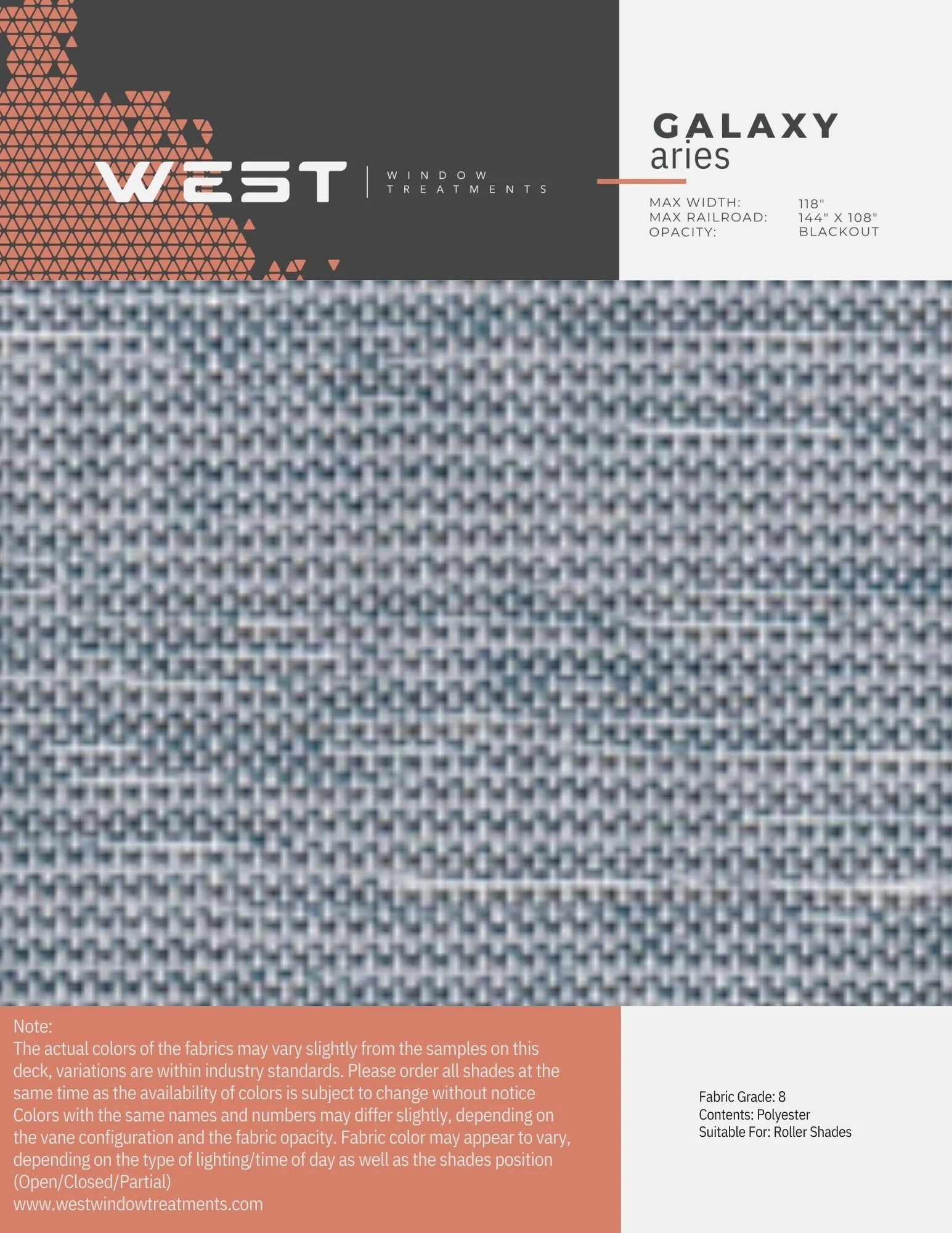 Sample fabric swatch with a small, repeating pattern in shades of blue and gray, part of a window treatment sample deck.