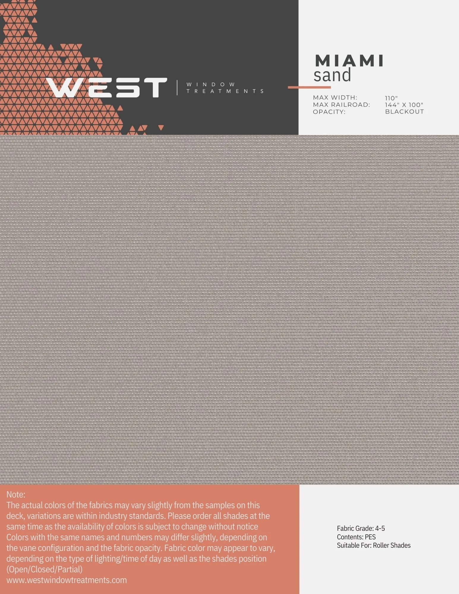 Sample of window treatment fabric called Miami Sand with a beige color, textured pattern, and specified dimensions for window covering projects.